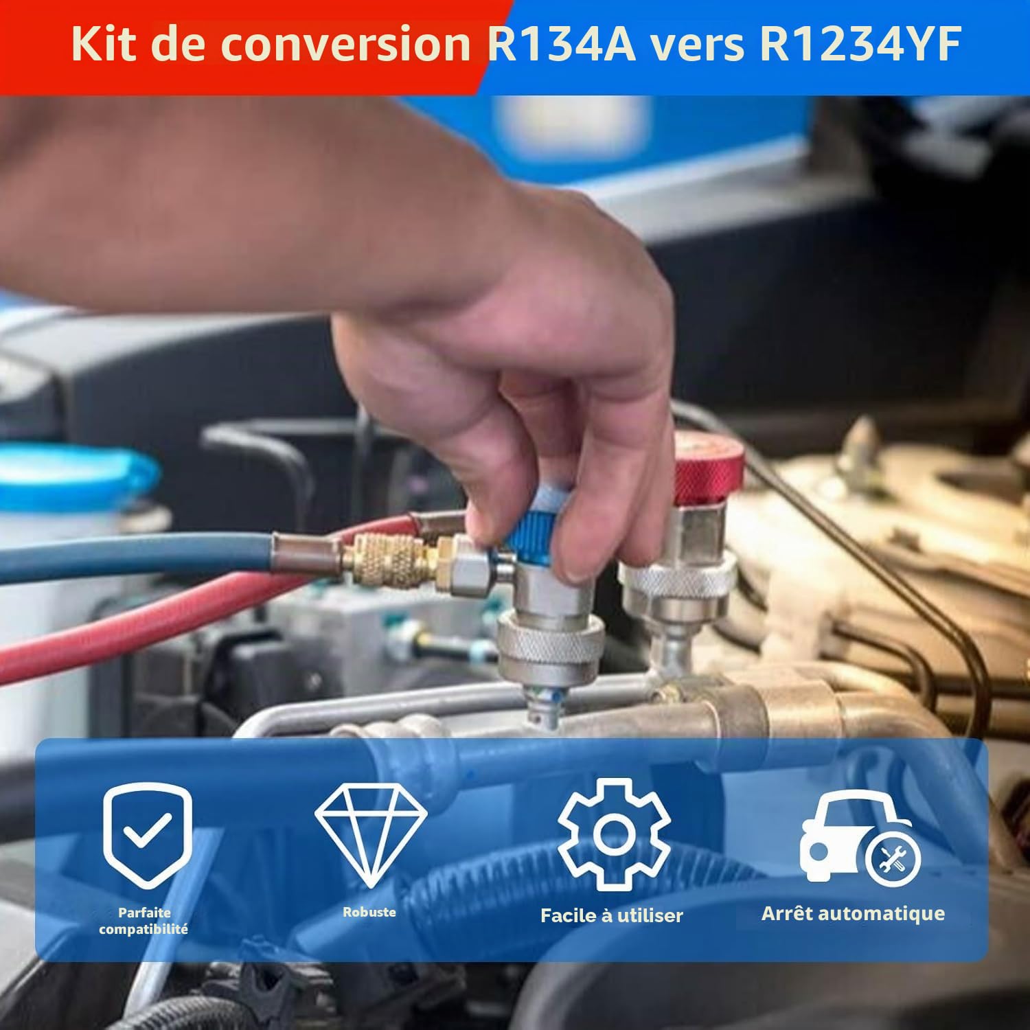 R1234YF vers R134a Adaptateur Kit de raccord rapide R1234yf Ensemble de recharge de réfrigérant Raccord rapide haut bas côté pour évacuation et recharge de tuyauterie de climatisation