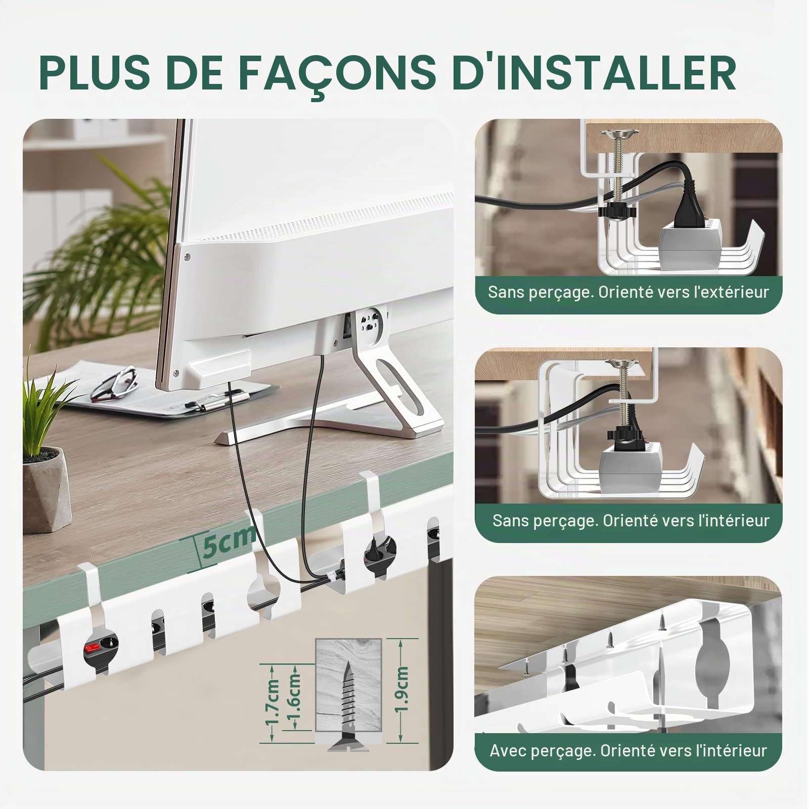 Goulotte de câbles de bureau - Lot de 2 - Gestion des câbles de bureau sans perçage - 43 cm Support de câbles Goulotte de câbles Table avec accessoires - Passe-câbles pour l'ordre sur le lieu