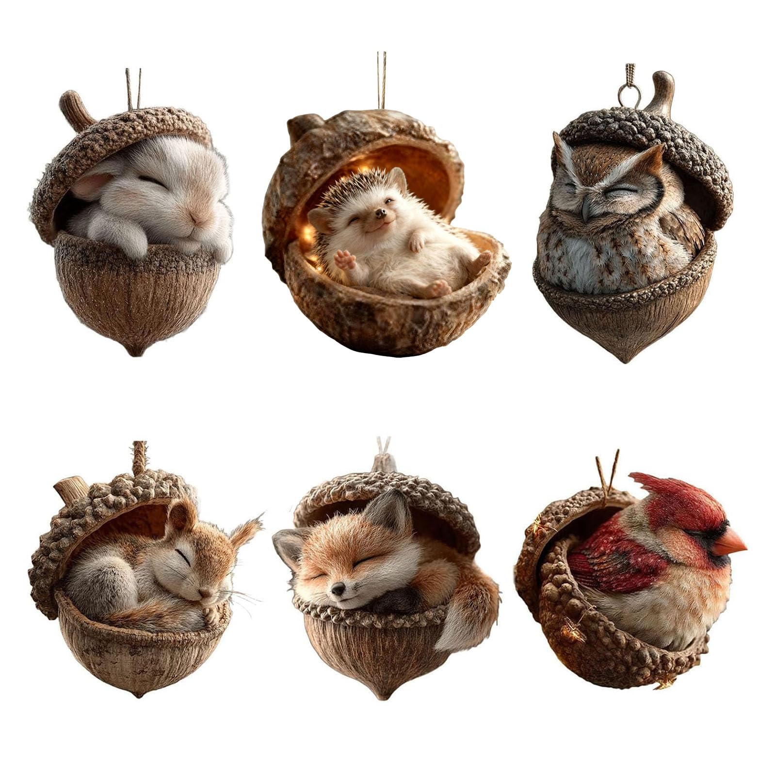 6PCS Forest Animal Acorn Ornament,Forest Christmas Ornaments and Craft (C)