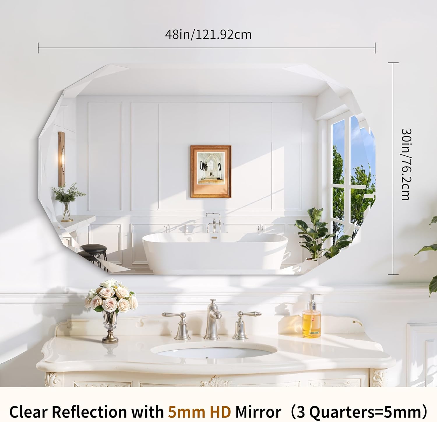 GLASHOM Frameless Bathroom Mirror, 30x48 inch Beveled Bathroom Mirror Wall Mounted, Modern Frameless Mirror for Bathroom, Living Room, Entryway Mirror Horizontal or Vertical