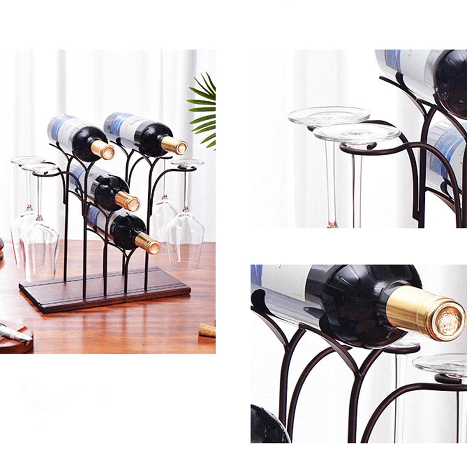 JUSHZ Botelleros Y Armarios para Vino Botellero Verticales Madera Soporte para Copa De Vino Metal Decoración Hogareña (34x16x33.2cm,Brown)