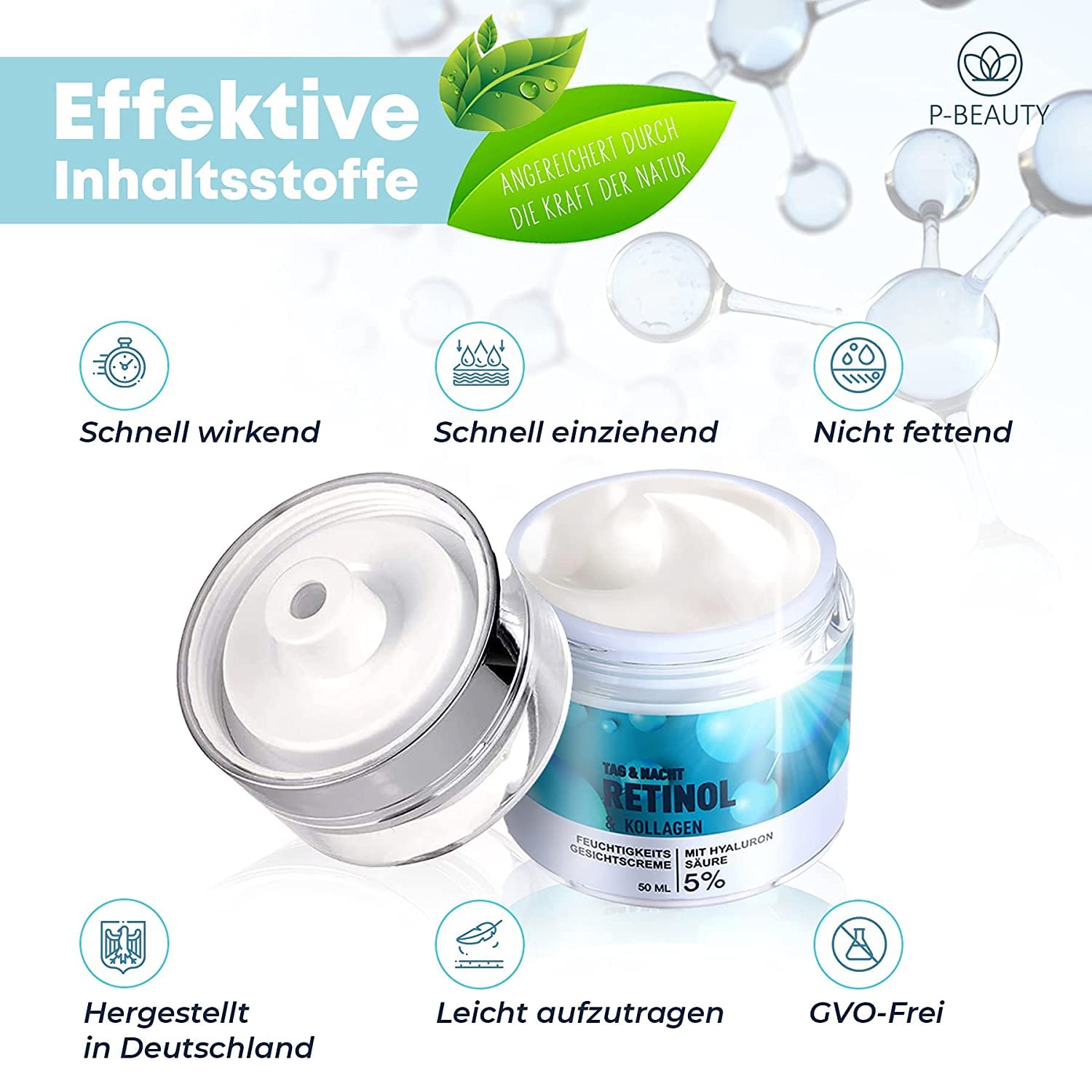 P-Beauty 3 x krem retinolowy, przeciwstarzeniowy z 5% retinolem 2 x 50 ml – krem nawilżający, krem na noc i krem na dzień z kwasem hialuronowym – krem przeciwzmarszczkowy, pielęgnacja twarzy z