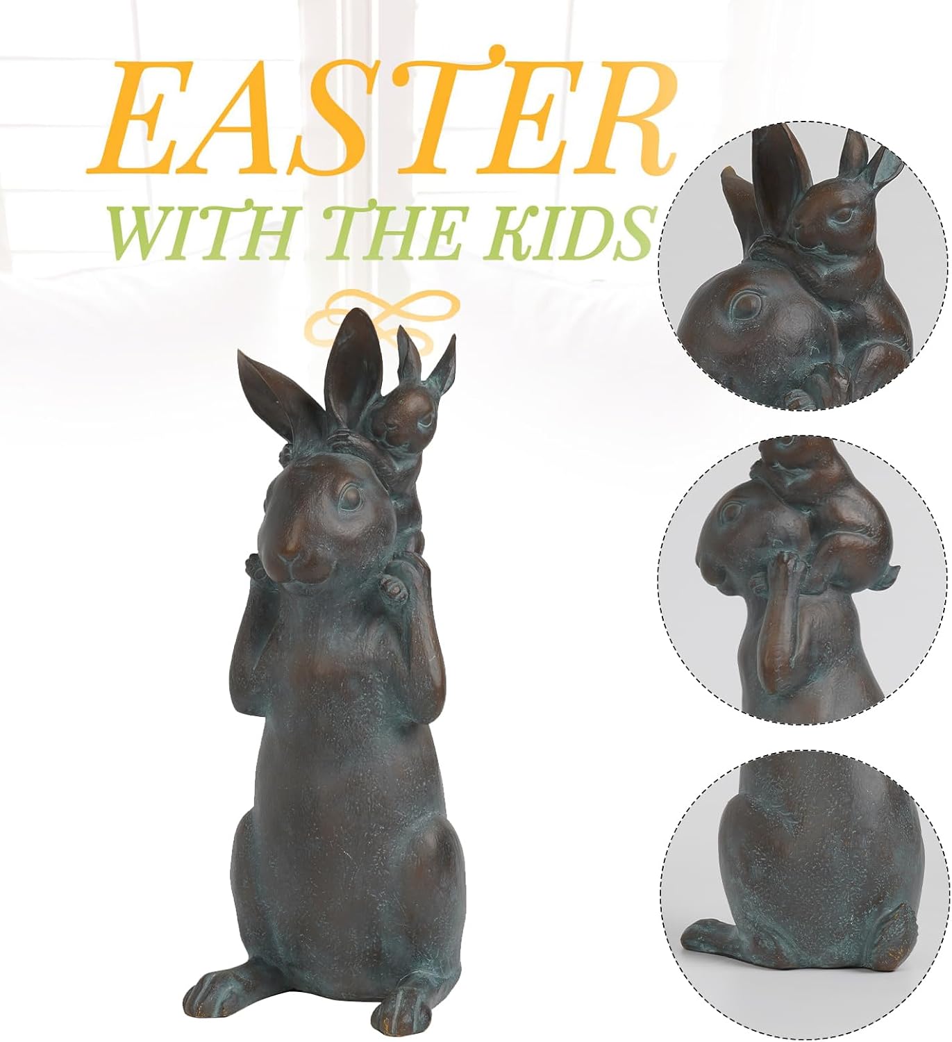 Rabbit Garden Statues Bunny Decorations - Easter Bunny Father with Baby Figurine Easter Gift Dark Gray Garden Spring Bunny Sulpture for Yard Framhouse Outdoor Décor 7*5.25*15.25 in Newman House Studio - Image 3
