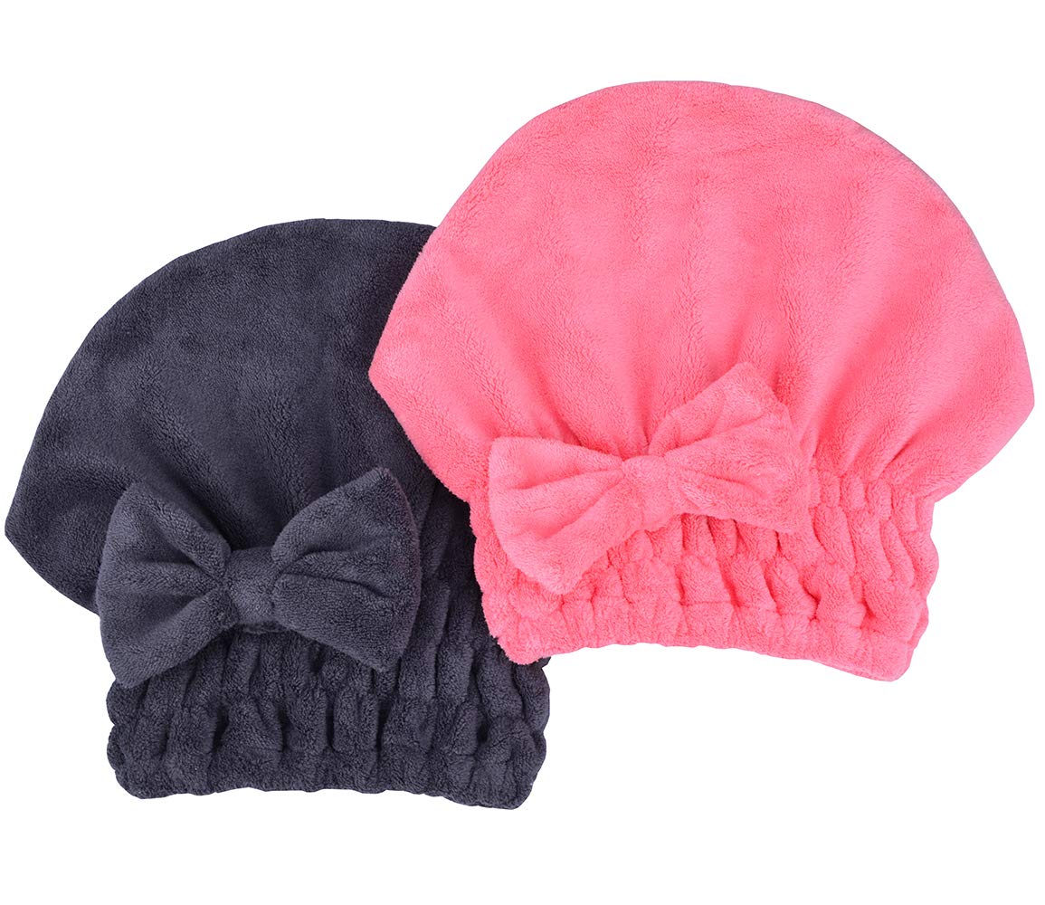 MAYOUTH Microfiber Hair Drying Towels Head wrap with Bow-Knot Shower Cap Hair Turban hairWrap Bath Cap for Curly Short or Long & Wet Hair Gift for Women 2pack