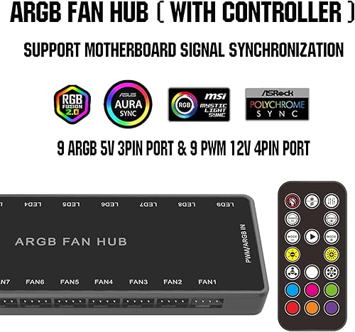 Miniatura 2 de ARGB PWM Fan Hub, direccionable 5V-3PIN ARGB 12V 4PIN PWM 2 en 1 RGB Hub de ventilador con controlador y entrada de alimentación SATA, 9 puertos de