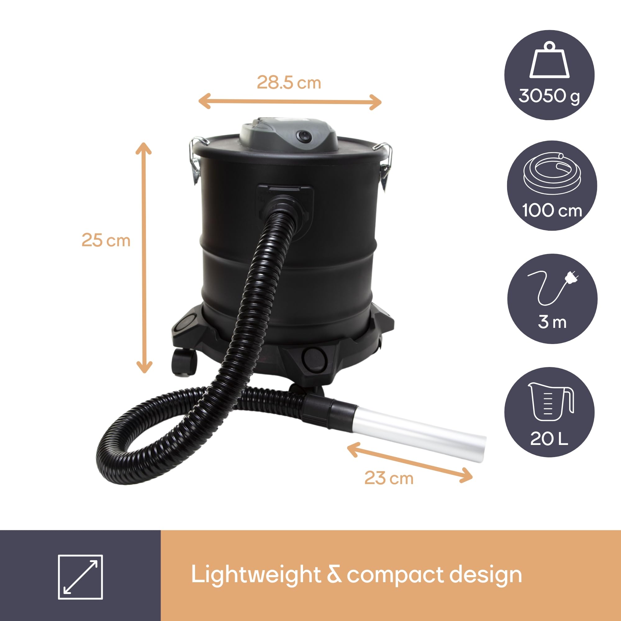 Perel Aspiracenere 1200 W, 20 L, filtro HEPA, funzione soffiante, base con ruote, per cenere fredda, camino, stufa, barbecue