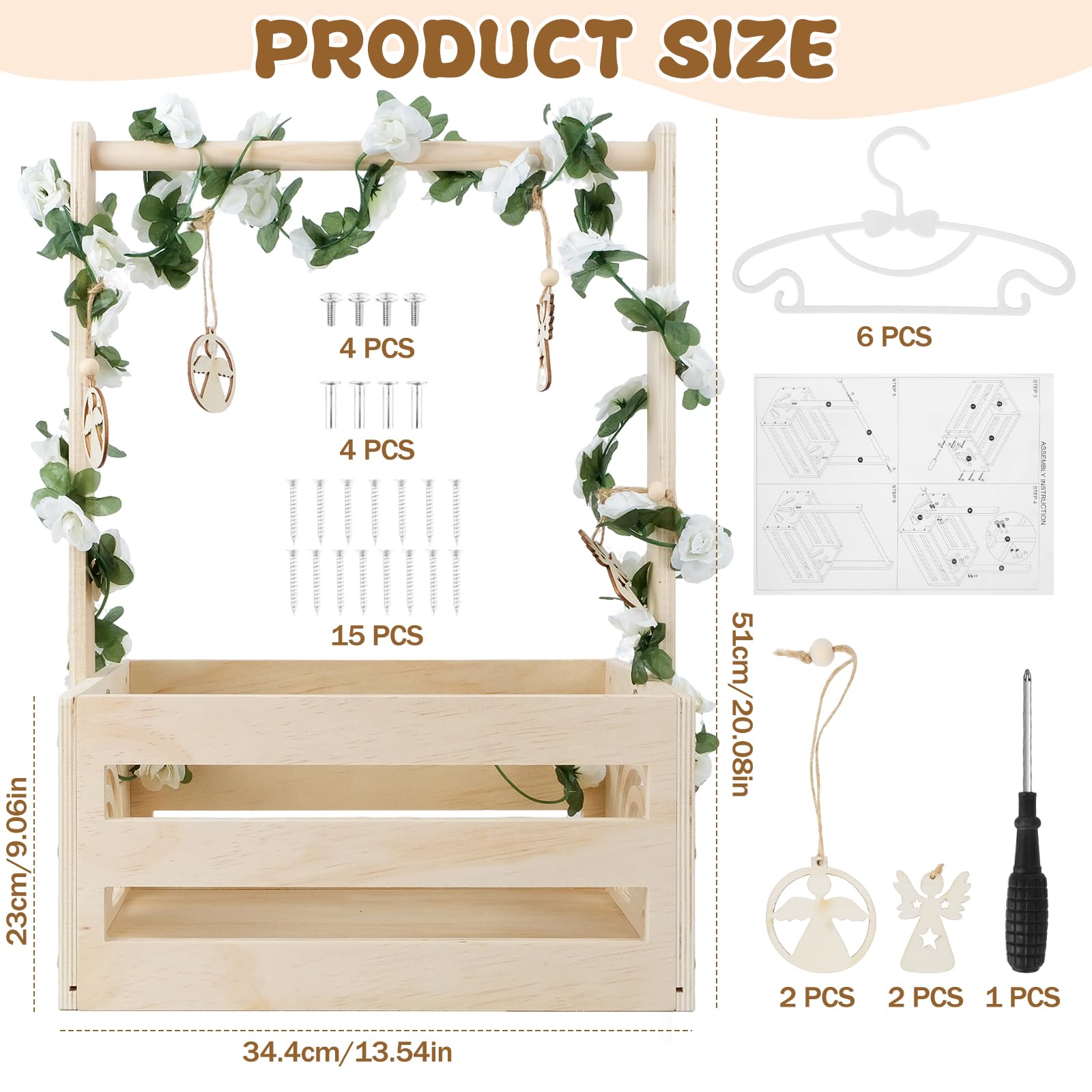 Cesta de Madera para Bebé con Asa, Regalo para Baby Shower Recién Nacido Niño Niña, Práctico Armario para Bebé, Cesta Personalizada con Perchas, Hojas Decorativas y Colgantes de Madera — view 2