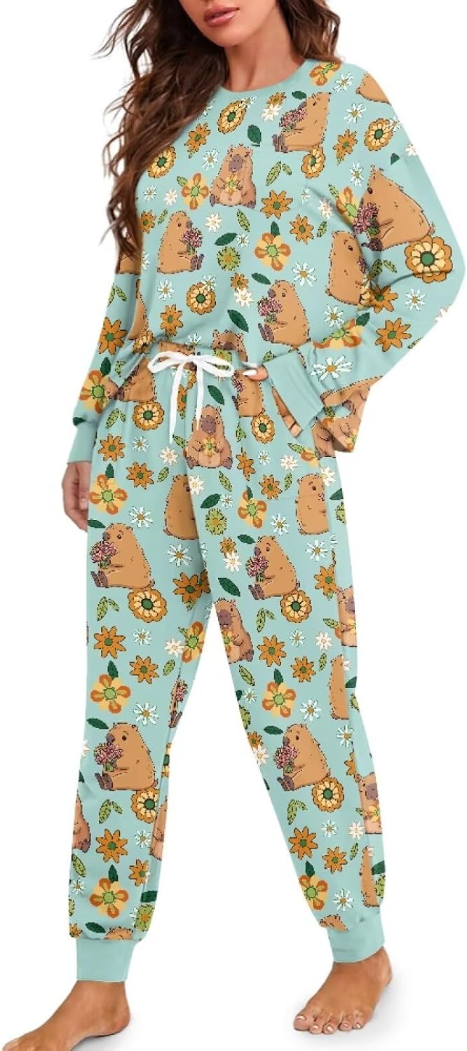 2 Pcs Pajama Sets for Womens Jogger Pants Pjs Long Sleeves Lounge Set Soft Sleepwear with Pockets