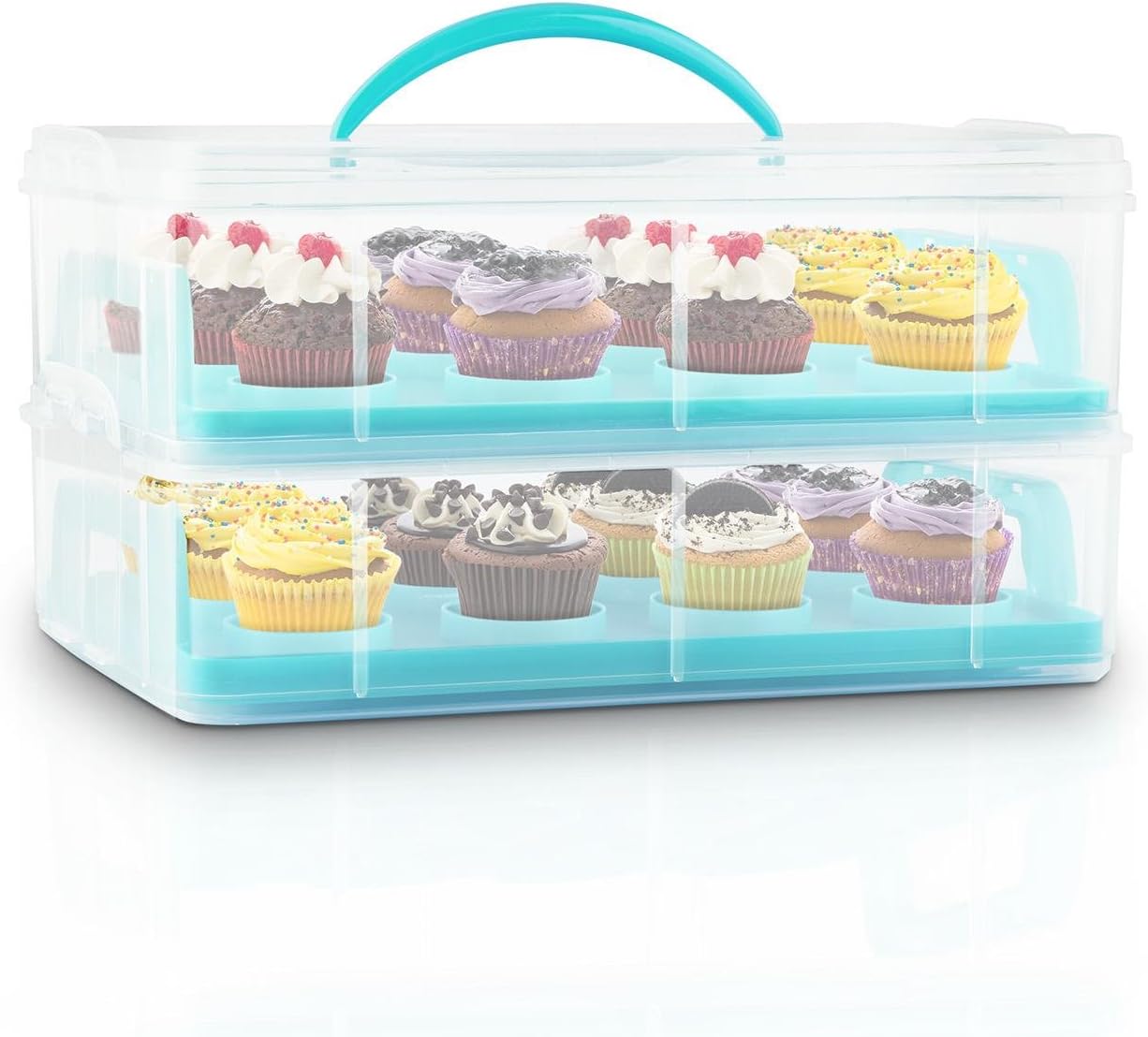 Bvwze Porta torte bianco con coperchio, contenitore per 12 cupcake o 1 torta grande, contenitore portatile 2 in 1 per dessert per torte e muffin (1