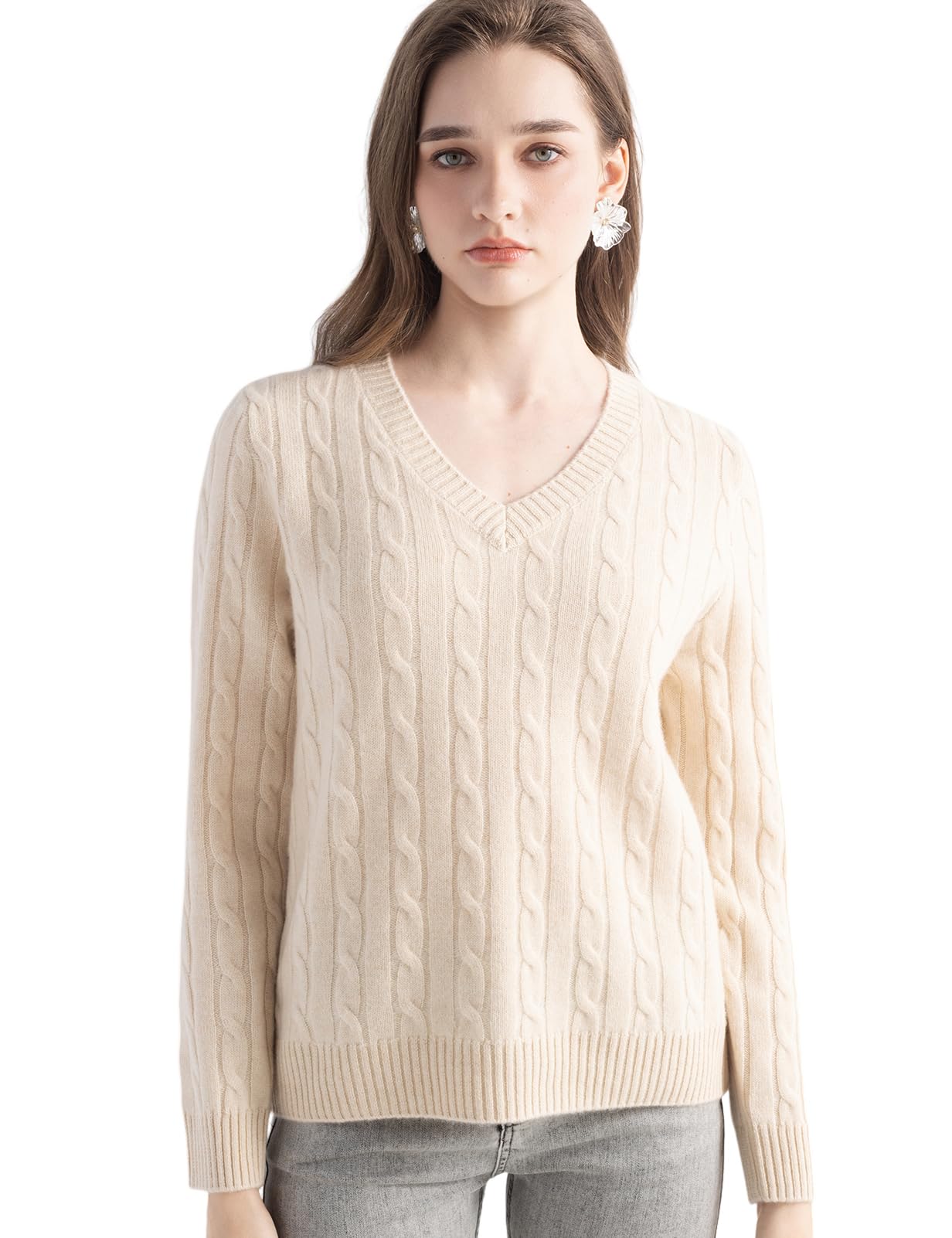 Chanyarn Womens 100 Cashmere V-Neck Cable Knit Sweater Top Soft Long Sleeve Pullover Fall Winter