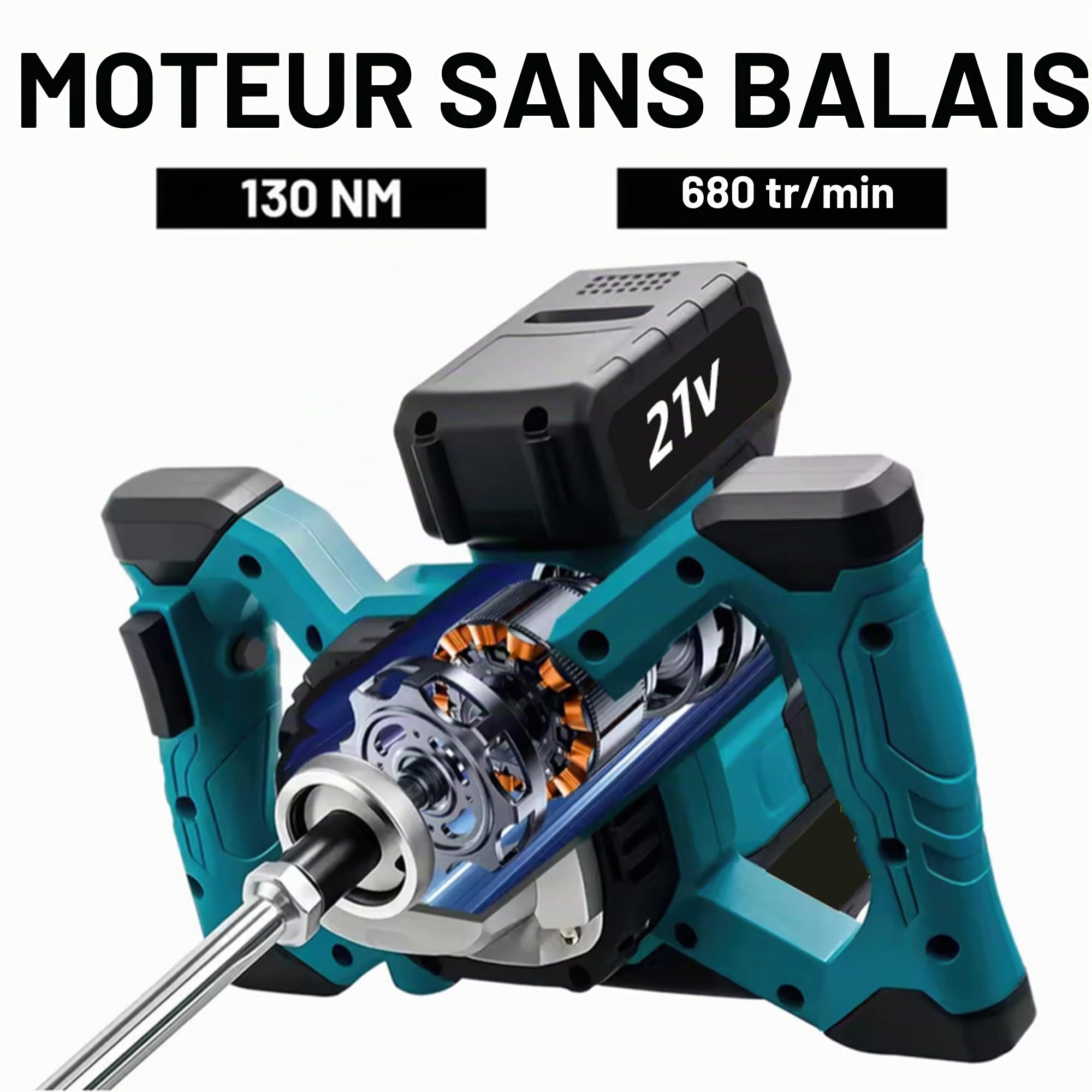 Malaxeur Mortier Colle Avec Batterie 2x4.0ah,1700W Mélangeur de Peinture et Mortier Réglable à 6 Vitesses Avec Poignée Malaxeur Enduit Mélangeur,Pour Le Mélange De Ciment,Béton,Coulis (2 Batterie)
