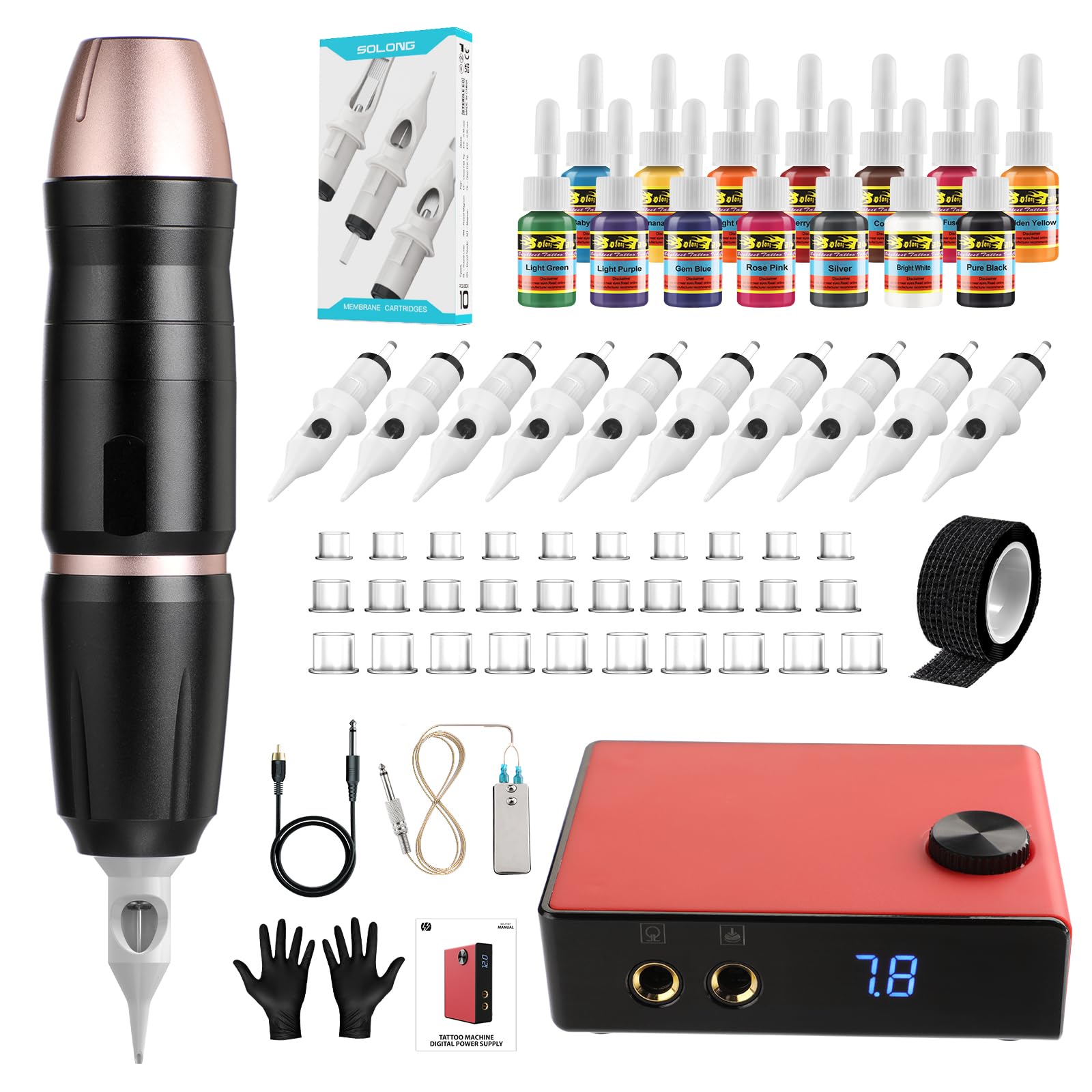 Solong Tattoo SLP30KITP187-1-EU - Juego de 10 cartuchos de aguja, suministro de energía, pedal y máquina de tatuaje, color negro