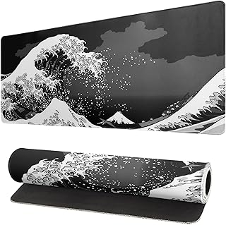 Japanese Black Sea Wave Mouse Pad Large Gaming Mousepad Non-Slip Rubber Base Kanagawa Big Keyboard Mouse Mat Stitched Edges 31.5x11.8 Inch XL Desk Mat Computer Desk Pad for Home Office and Gaming