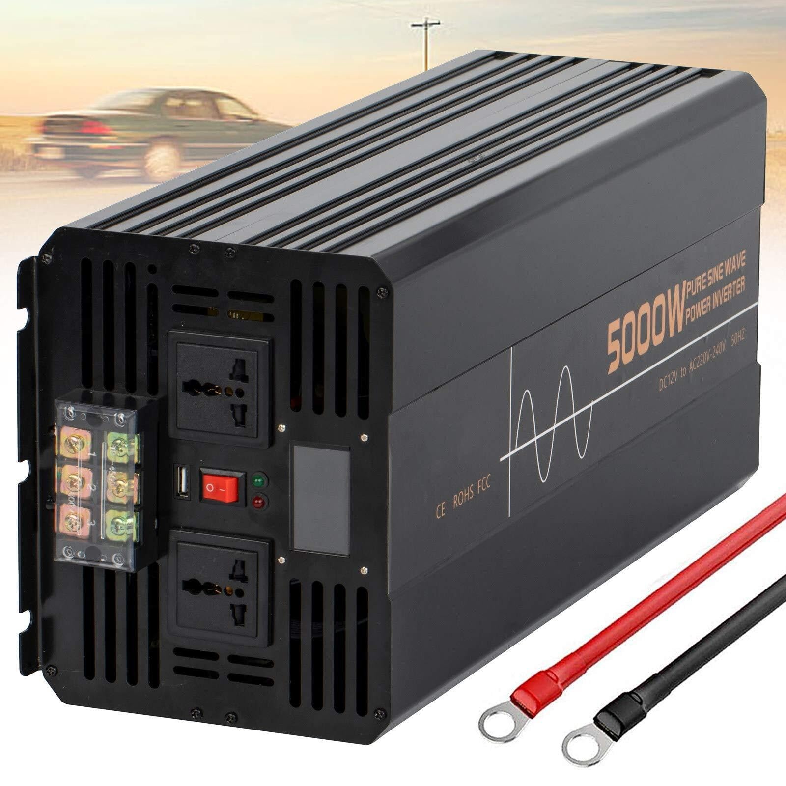NVSFZGIYG Power Inverter DC 12V 24V 48V to AC 110V/220V Pure Sine Wave Car Voltage Converters with Alligator Battery(5000W,12Vto220V)