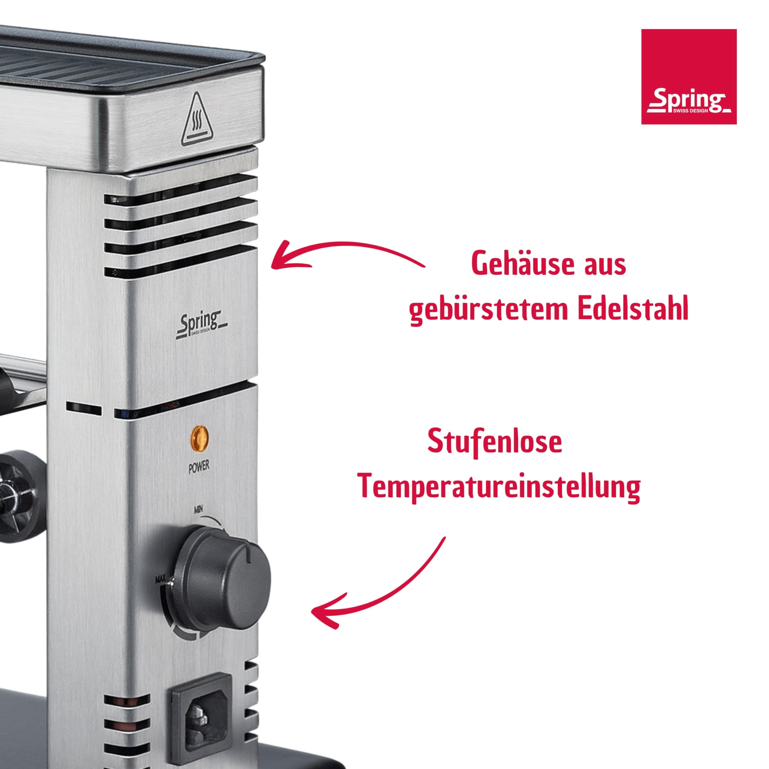 Spring Raclette-Ofen CHALET, 360° schwenkbarer Arm, Edelstahlgehäuse | Käseschmelzer, Aluminiumguss-Grillplatte, Antihaftbeschichtung, stufenlose Temperaturregelung, 600 Watt, schwenkbarer Arm