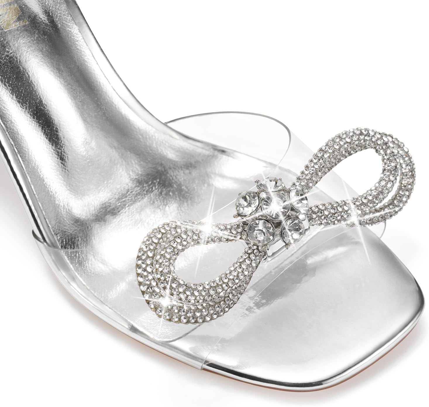 ZURIN Women's Rhinestone Bow Heels Square Toe Clear Heeled Sandals Slingback High Heels Dress Party Evening Prom Crystal Shoes - Image 5