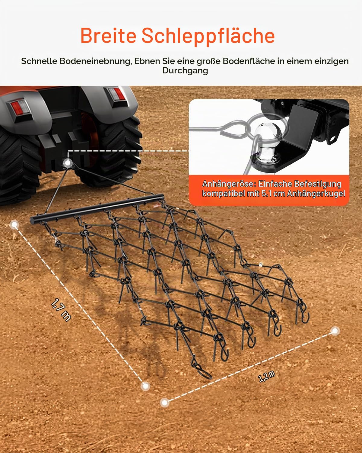 VEVOR Schleppegge, 1707x1219mm, Wiesenegge mit 80 scharfen Zähnen, geeignet für ATV- & UTV-Traktor, für Bodenvorbereitung, Aussaat, Glättung von Landschaften & Instandhaltung von Hofkiesauffahrten