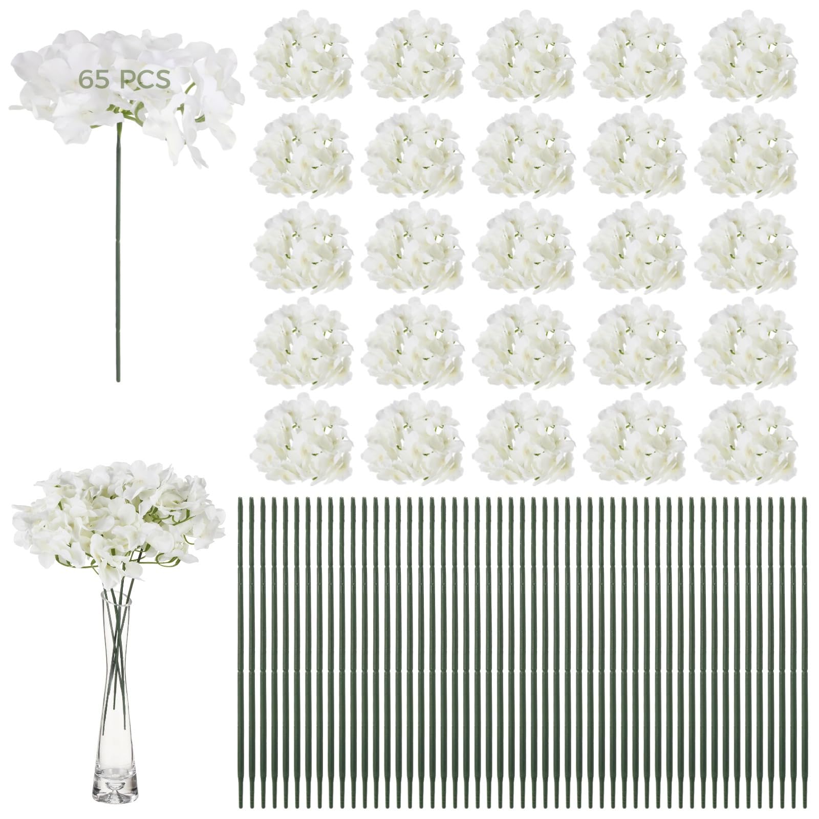 Flores de seda blanca premium tipo hortensias de aspecto real con tallo flexible para jarrones