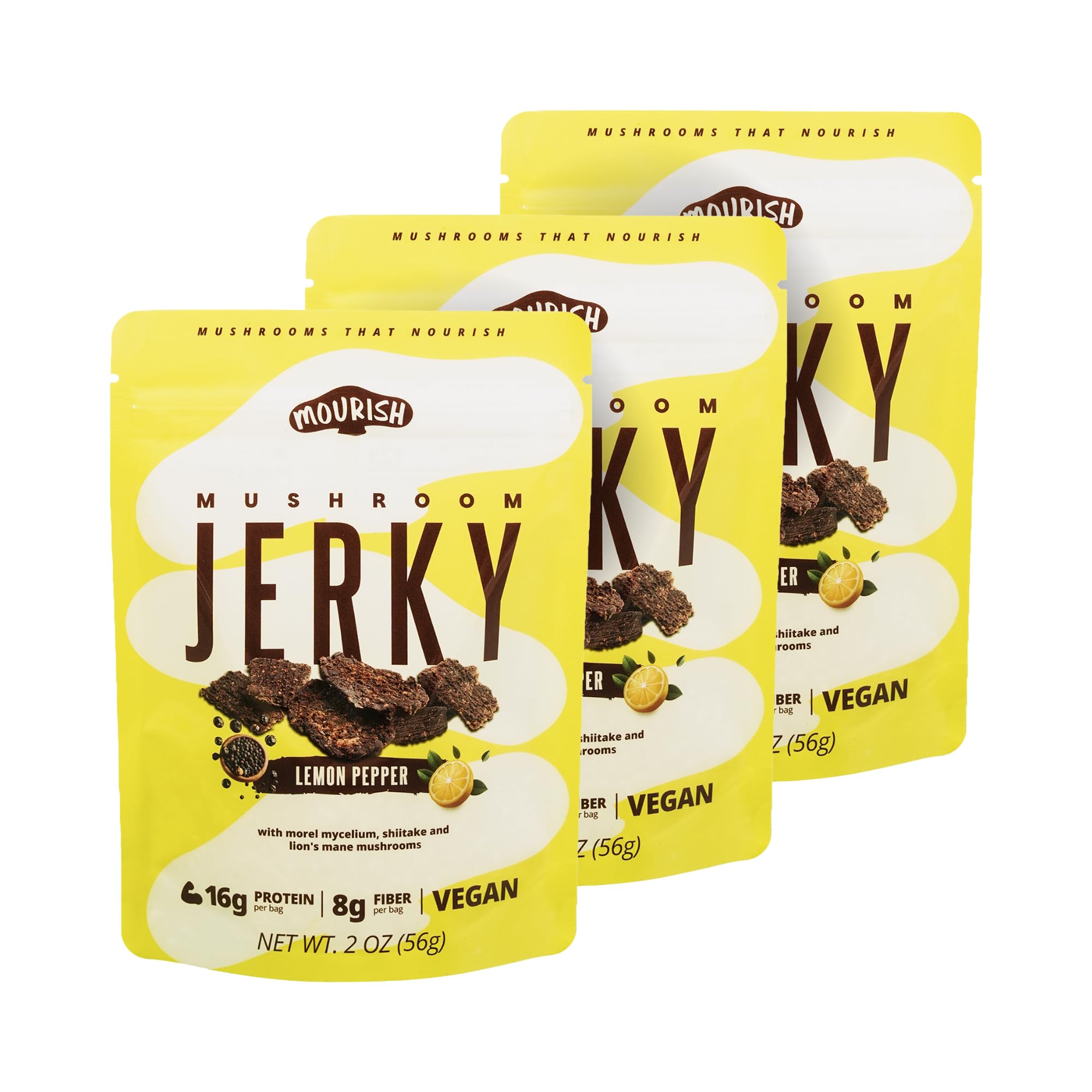 Mourish Vegan Mushroom Jerky, Lemon Pepper Flavor, 3 Pack (2 oz), Good Source of Protein and Fiber, Plant Based Meat, Meatless Healthy Snacks for Hiking, Camping, Work, Travel & School
