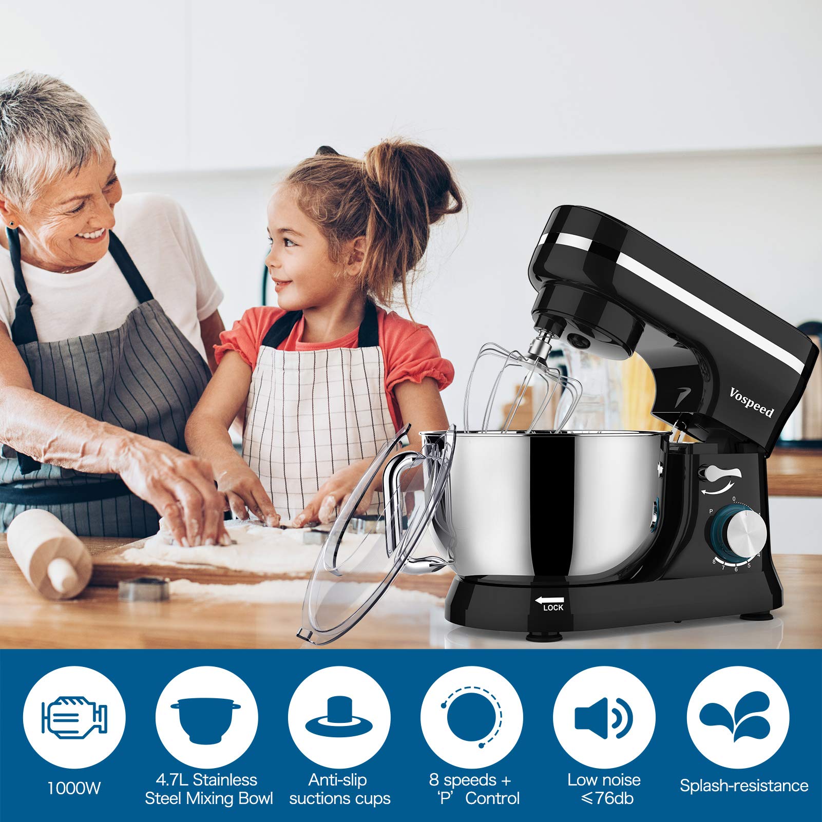 Impastatrice Planetaria, Vospeed 1000W 5QT Robot da Cucina con Frusta, Gancio per Impastare, Frusta per Dolci, Ciotola di Acciaio Inossidabile, Coperchio Paraspruzzi (Nero)