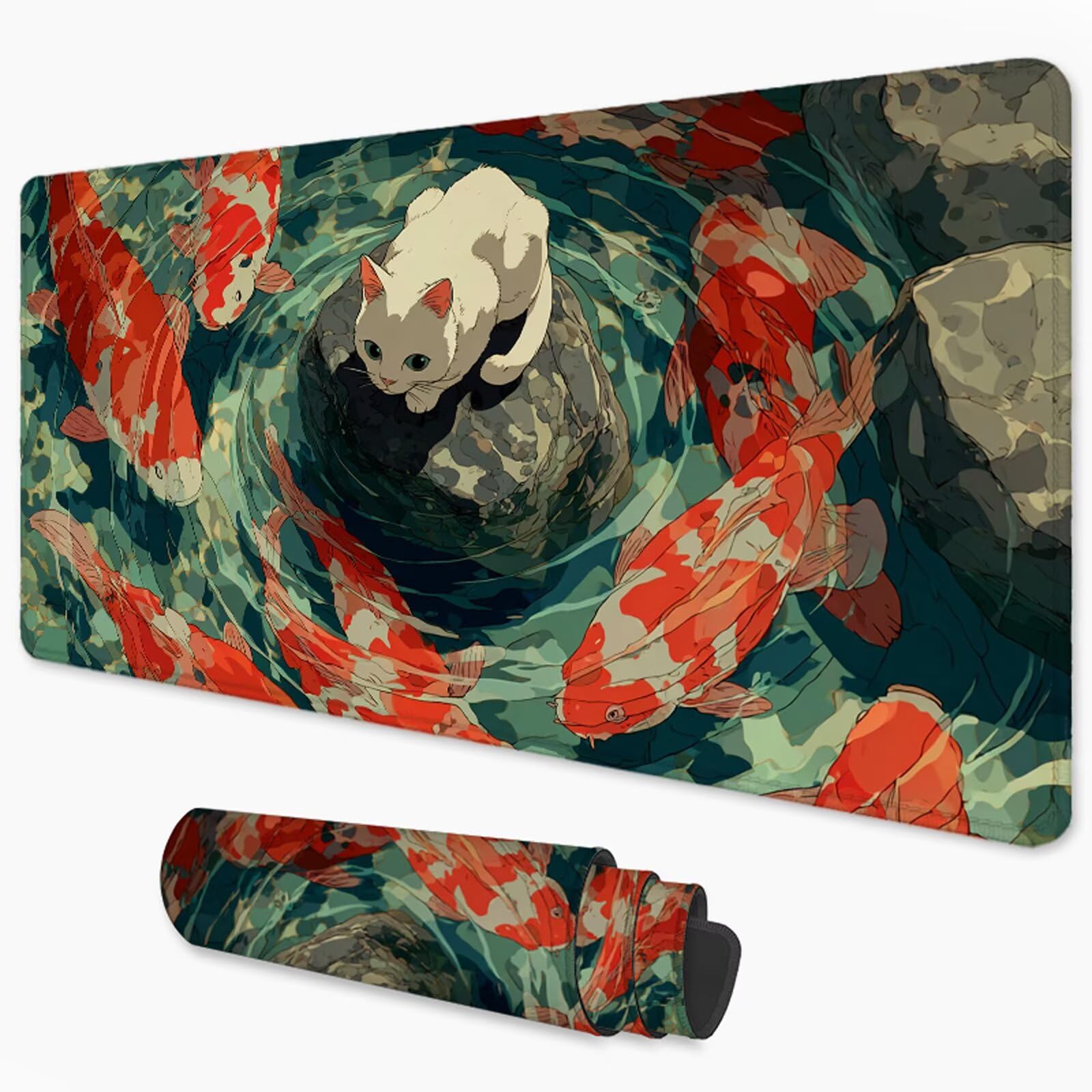 Tappetino Mouse Gaming Carpa koi Mouse Pad Gatto, Sottomano Scrivania Grande 1200x600 mm Migliora la Precisione e la Velocità, Mousepad Impermeabile e Antiscivolo per PC, MacBook, Laptop 3Y-916