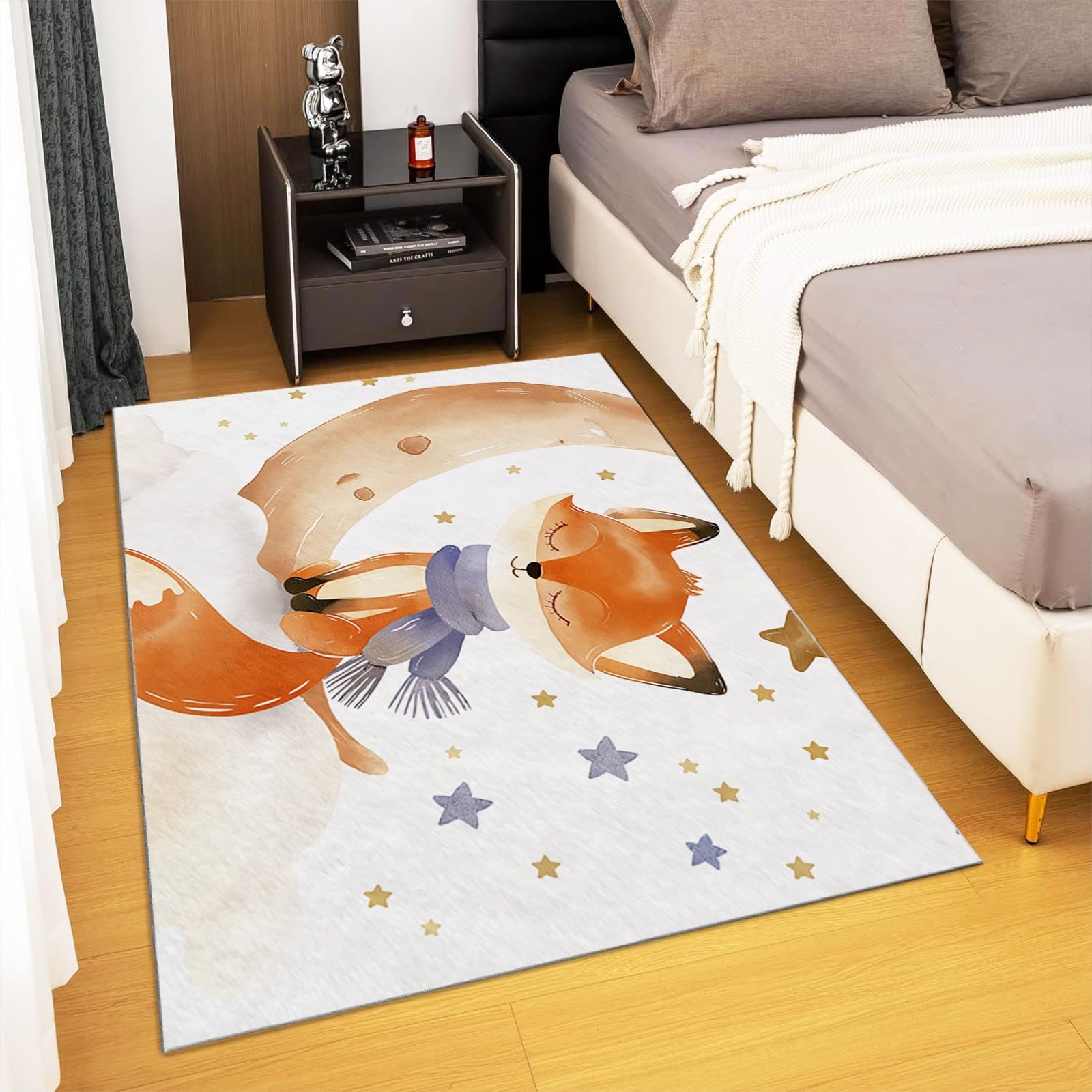 Tapis Poil Court Intérieur Lavable en Machine Aquarelle Renard Lune Doux Moelleux Chambre Enfants Blanc Salon Salle Cuisine Résistant Antidérapant 80x150cm