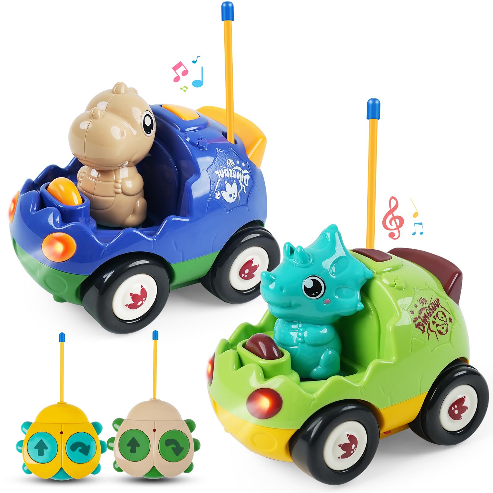 2-Pack RC Dinosaur Cars for Kids - Remote Control Dinosaur Toy Cars with Music and Lights, Birthday Gift Toy for Boys Ages 2 3 4 5 Year Old and Toddlers 18+ Months