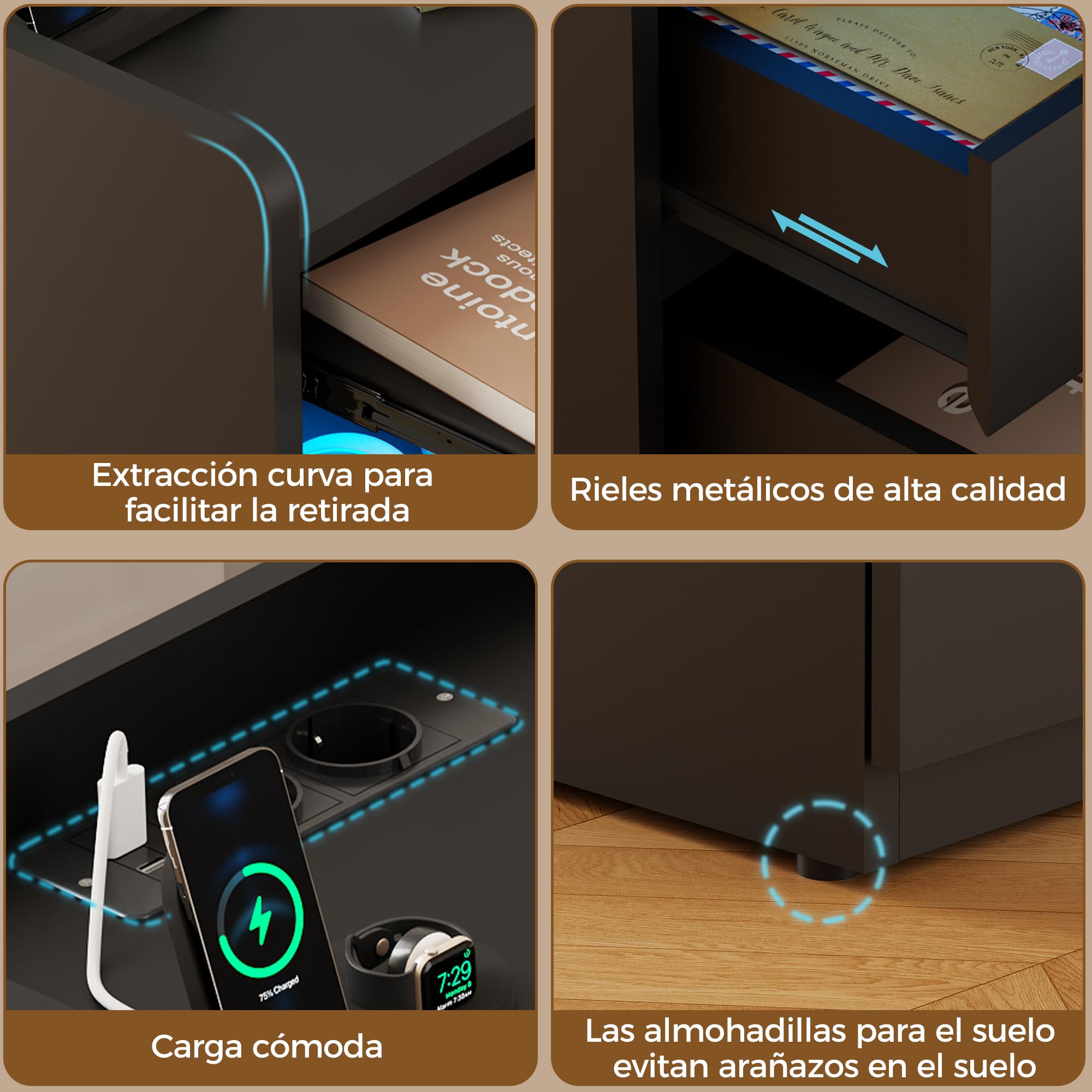 BEWISHOME Juego de 2 Mesitas de Noche,con Compartimento Oculto,con Luces LED y Estación de Carga Mesas Auxiliares（2 Tomas AC 2 Puertos USB）,para Salón,Dormitorio (Negro) EFCG02B