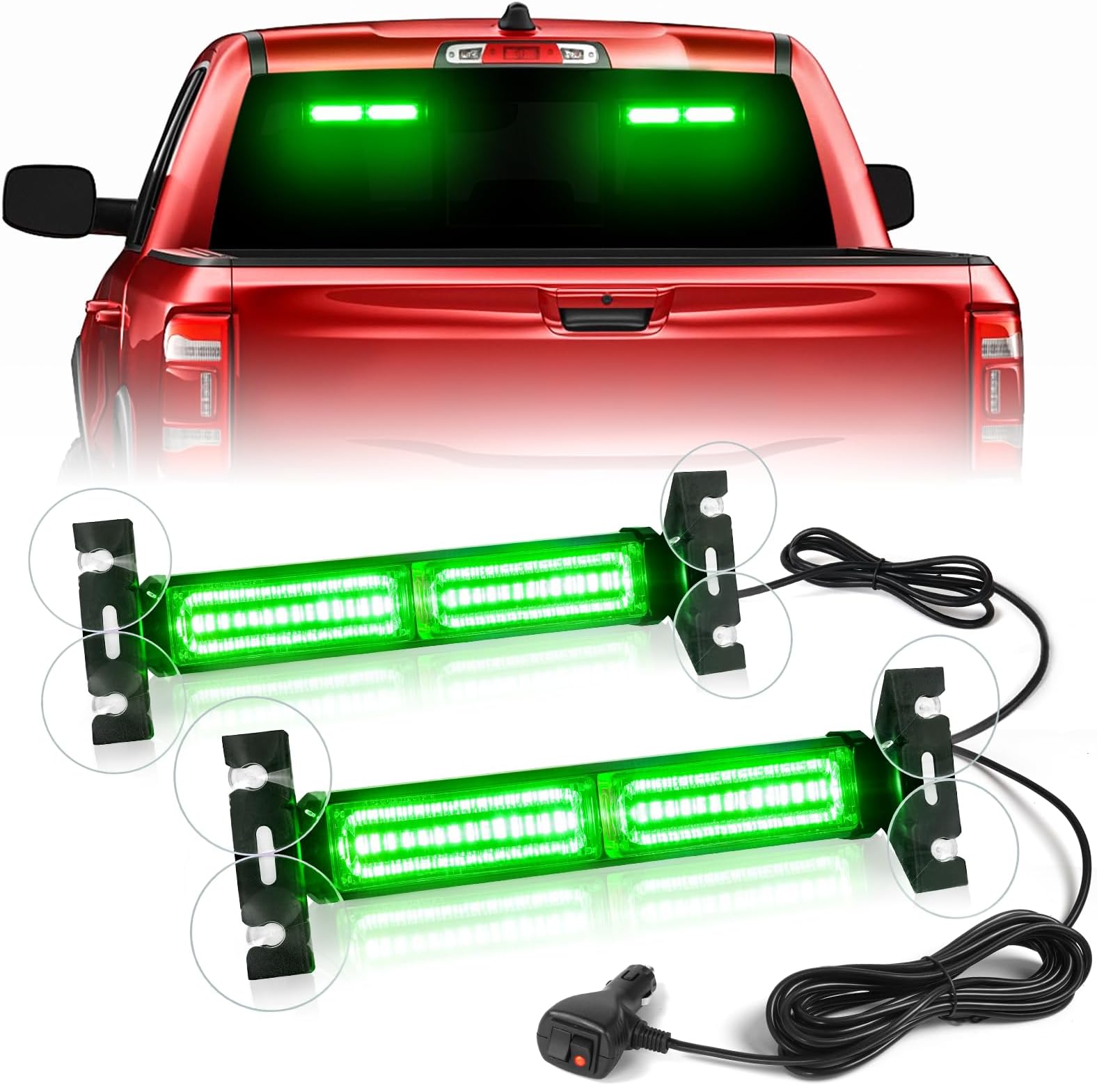 HLauto 1002L Emergency Strobe Traffic Advisor Light Bar: 40 LED Dash Safety Warning Flashing Light, Front/Rear Windshield Visor Lights for Construction Vehicle, Tow/Plow Truck (2x10.7inch, Green)