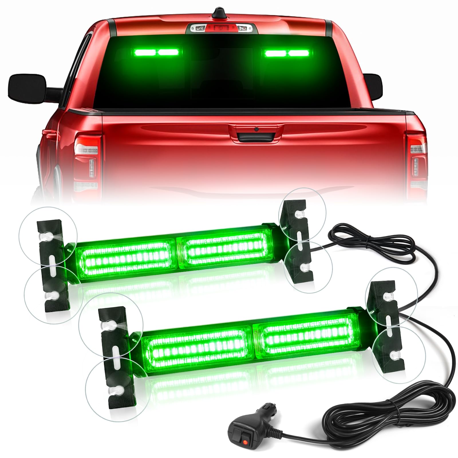 HLauto 1002L Emergency Strobe Traffic Advisor Light Bar: 40 LED Dash Safety Warning Flashing Light, Front/Rear Windshield Visor Light for Construction Vehicle, Tow/Plow Truck (2x10.7inch, Green)