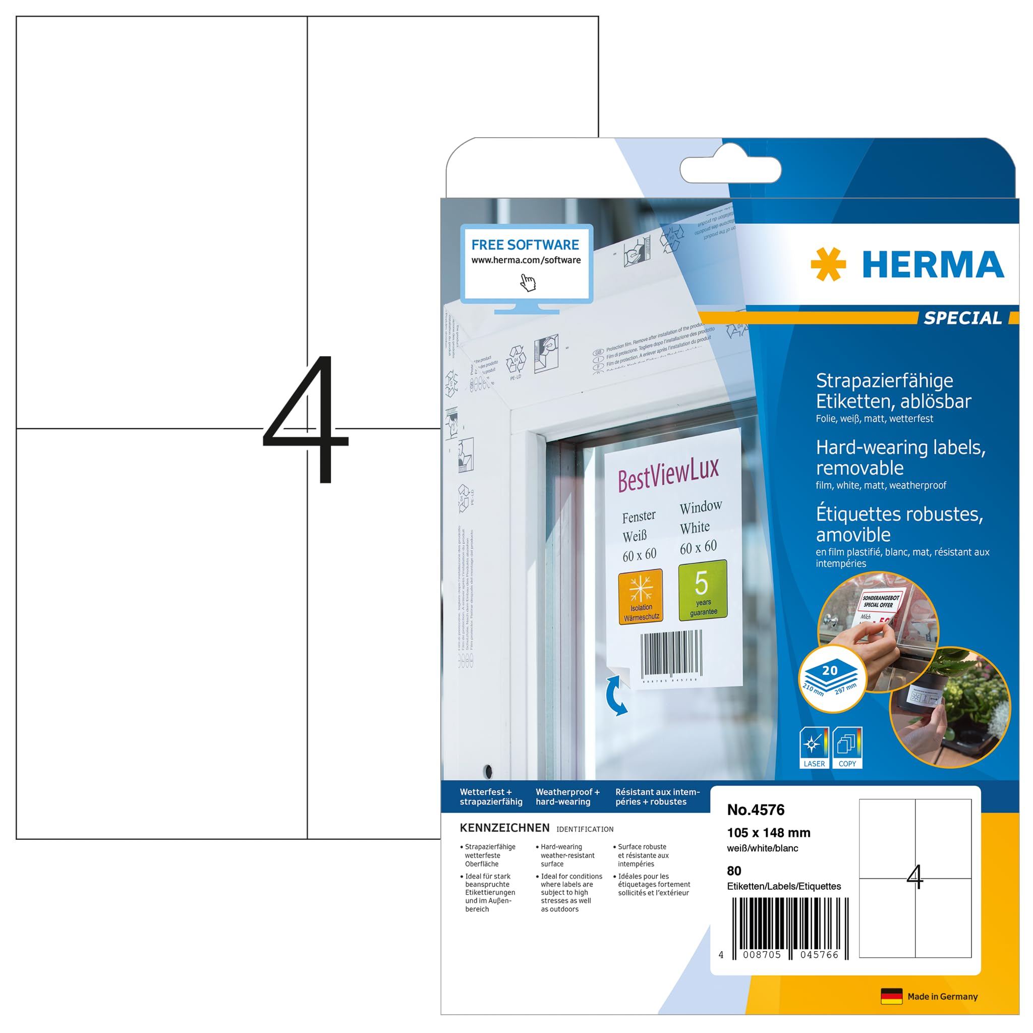HERMA 4576 Wetterfeste Folienetiketten ablösbar, 640 Blatt, 105 x 148 mm, 4 pro A4 Bogen, 2560 Stück, selbstklebend, bedruckbar, matt, blanko Klebeetiketten Aufkleber aus Folie, weiß