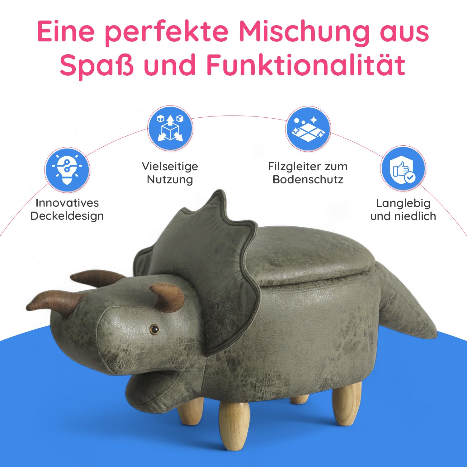 Suleno Dino Tierhocker mit Stauraum, Niedlicher Organizer & Sitzbox, 50 cm | für Kinder, weicher Bezug in Lederoptik, Holzbeine, dekorative Möbel für Kinderzimmer 93x 33 x