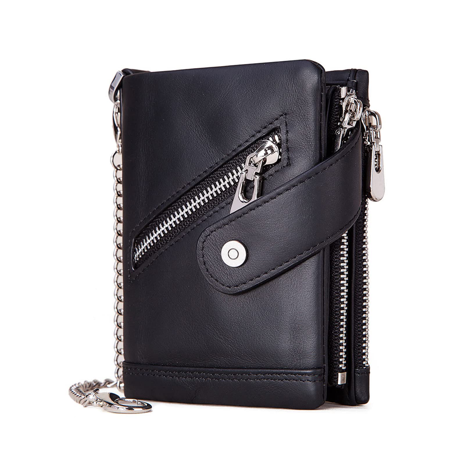 boshihoMens Wallet with Chain RFID Blocking Genuine Leather Double Zipper Bifold Wallet with Coin Pocket Purse & 2 Anti-Theft Chain