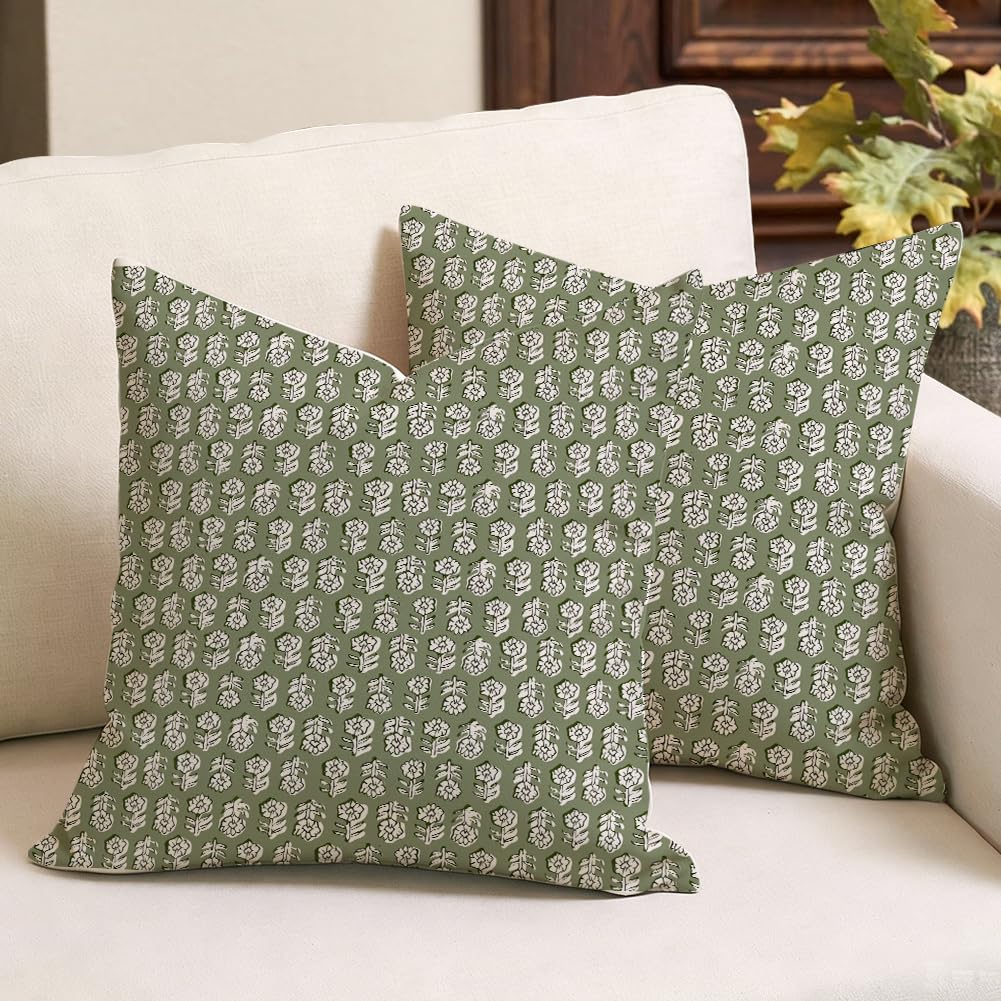 RABUSOFA Grün Boho Blockdruck Kissenbezug 45x45 2er Set Kissen Modern Wohnzimmer Deko Outdoor Couchkissen Sofakissen für Garten Sofa Decorations Indoor Baumwolle Leinen