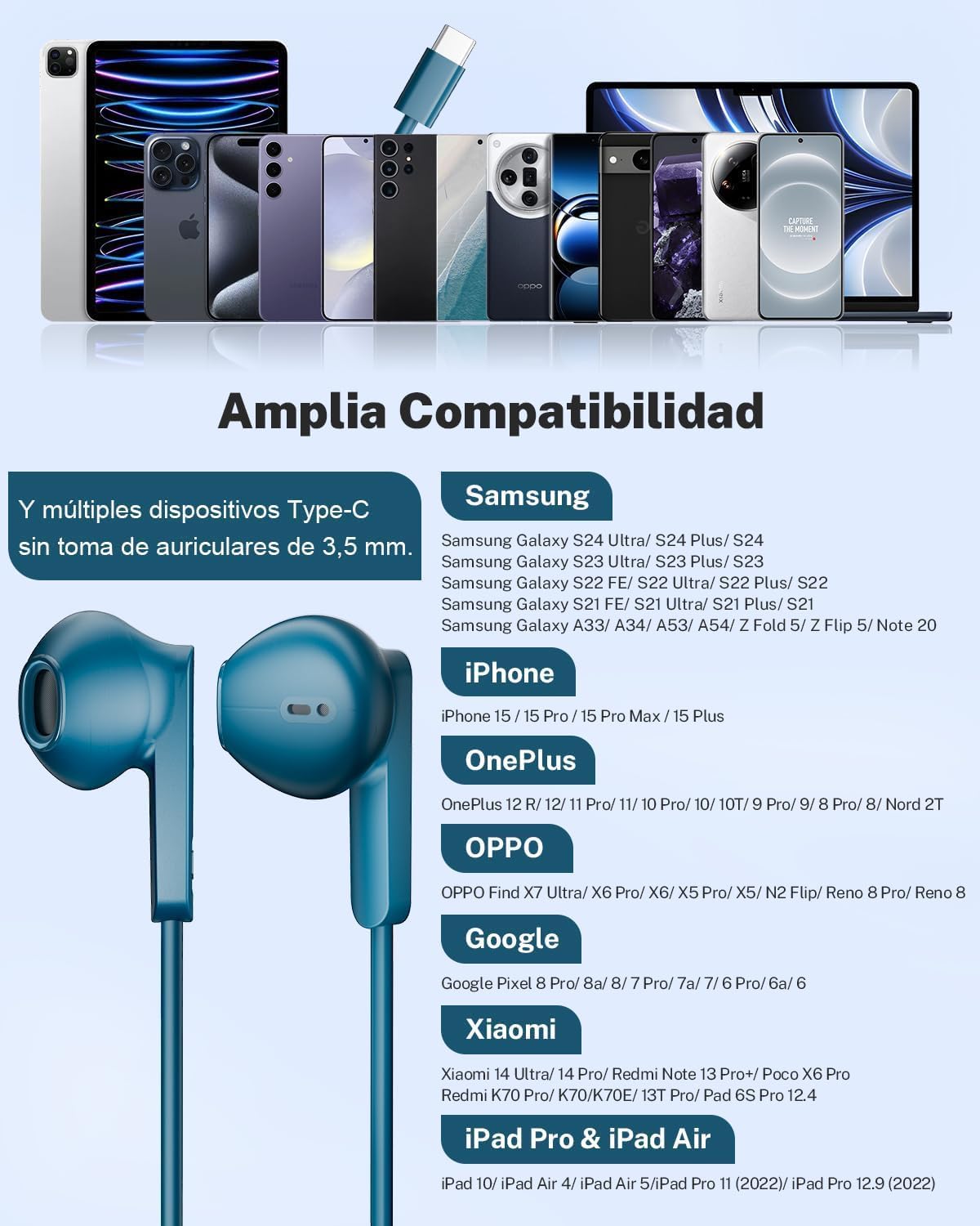 Auriculares Tipo C para Samsung Galaxy S26 S25 Ultra S24 S23 A55 A56 A16 5G | Auriculares USB C con Micrófono Control Volumen Cascos con Cable Tipo C para iPhone 15 16 17 Pro Max Pixel 9 8 Xiaomi 9