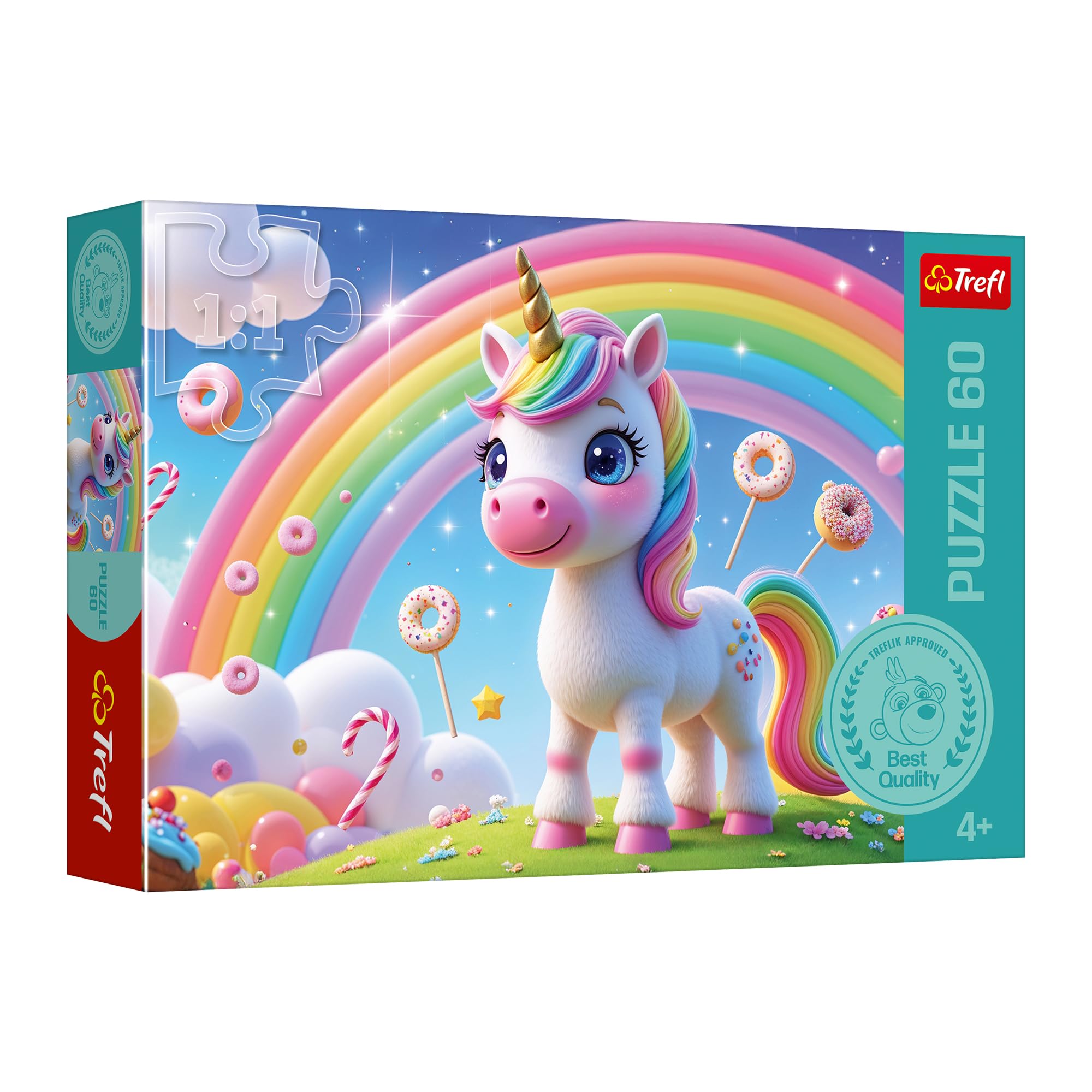 Trefl - The Treflik Family, Cukierkowy Świat - Puzzle 60 Elementów - Kolorowe Puzzle z Jednorożcem, Rozrywka, Zabawa dla Dzieci od 4 lat