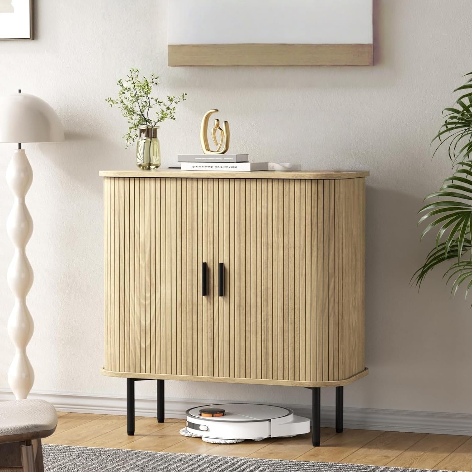 BonVache Storage Cabinet, Fluted Sideboard Buffet Cabinet with Sliding Doors and Adjustable Shelf, Console Table Small Cabinet for Living/Dining Room (Natural)
