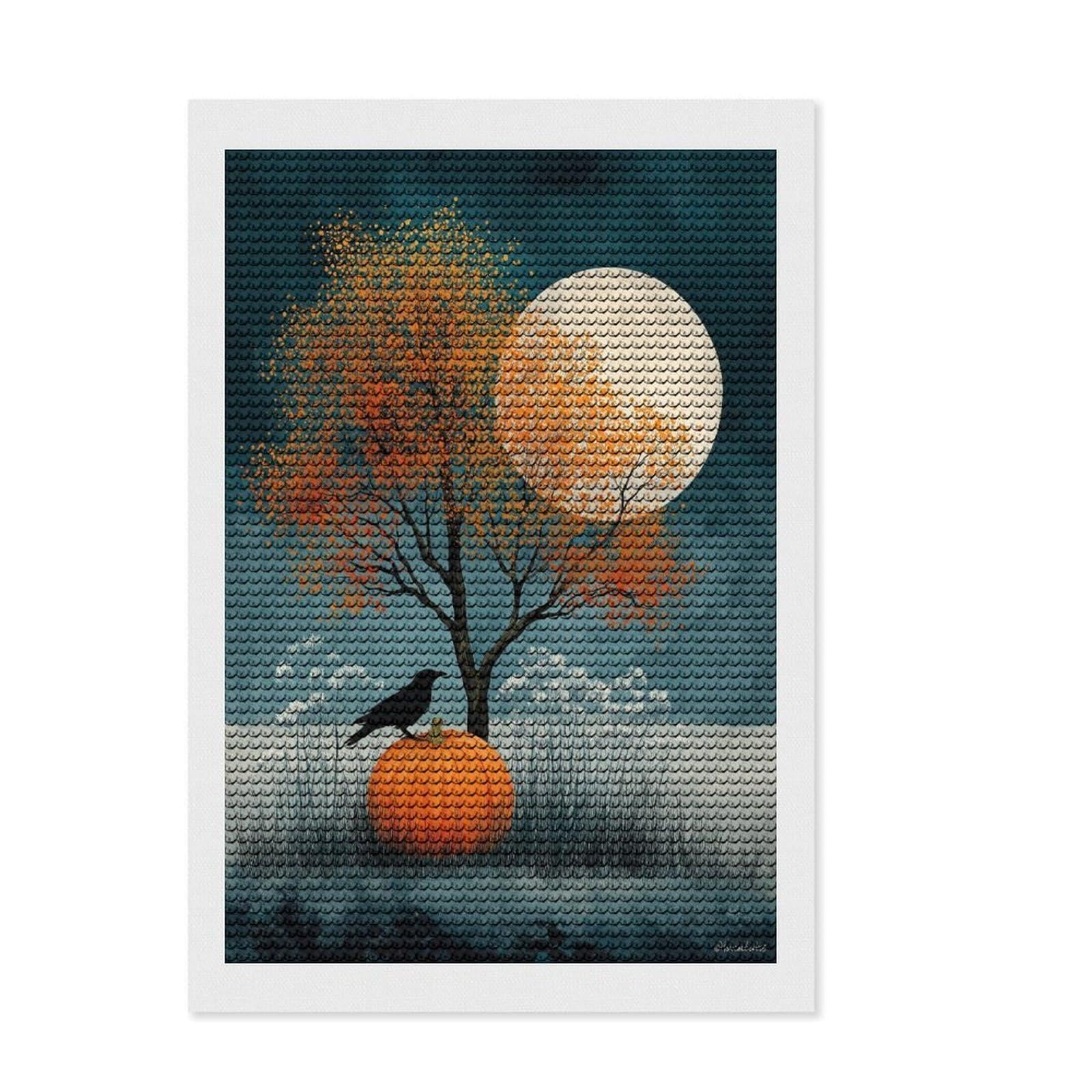 Junmoney Moonlit Pumpkin Glow Diamond Painting Set 8"x12", Holiday Gift Idea, for Women, Easy Handmade Project, Vintage Style Decor