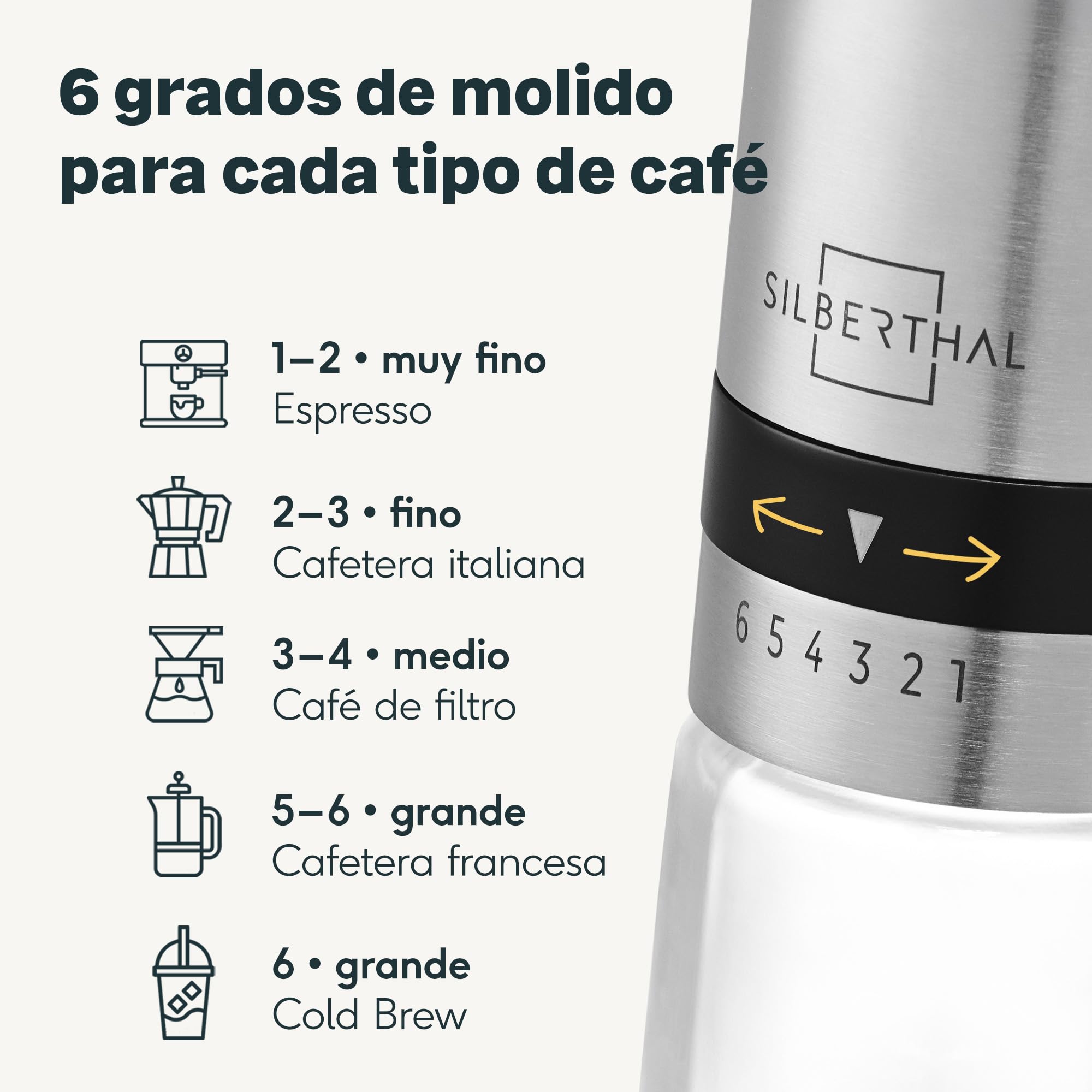 SILBERTHAL Set molinillo, cafetera francesa 1L y tarro - Inox y cristal | 6 niveles de molido - Acero inoxidable y cristal - Ideal para los amantes del café - Disfruta del café como un barista