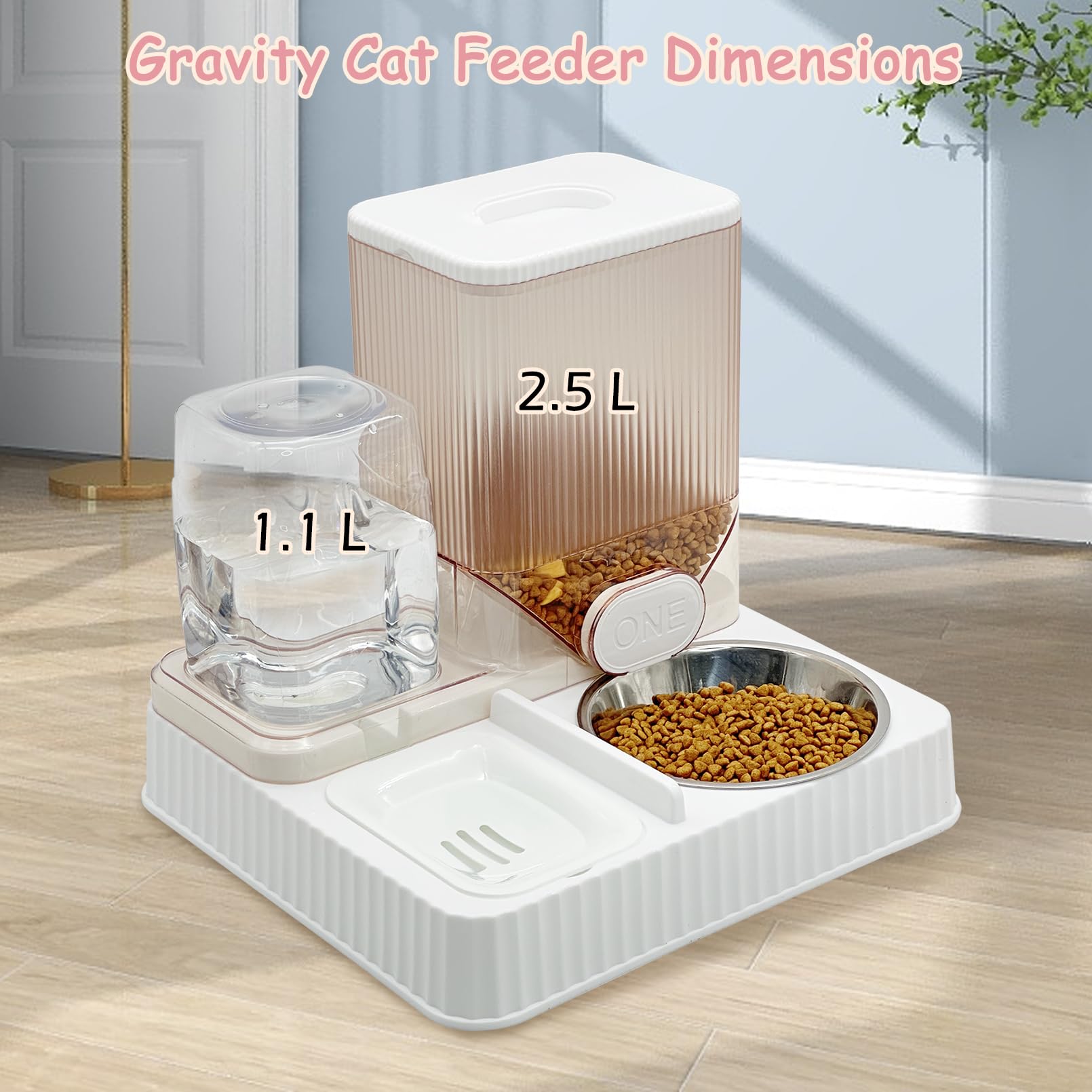 Fhiny Gravity Cat Feeder and Water Dispenser, 2 in 1 Automatic Pet Waterer Detachable Stainless Steel Food Bowls Set Pet Food Storage for Small Dog Puppy Cat Kitten Pet Easy Clean (Grey)