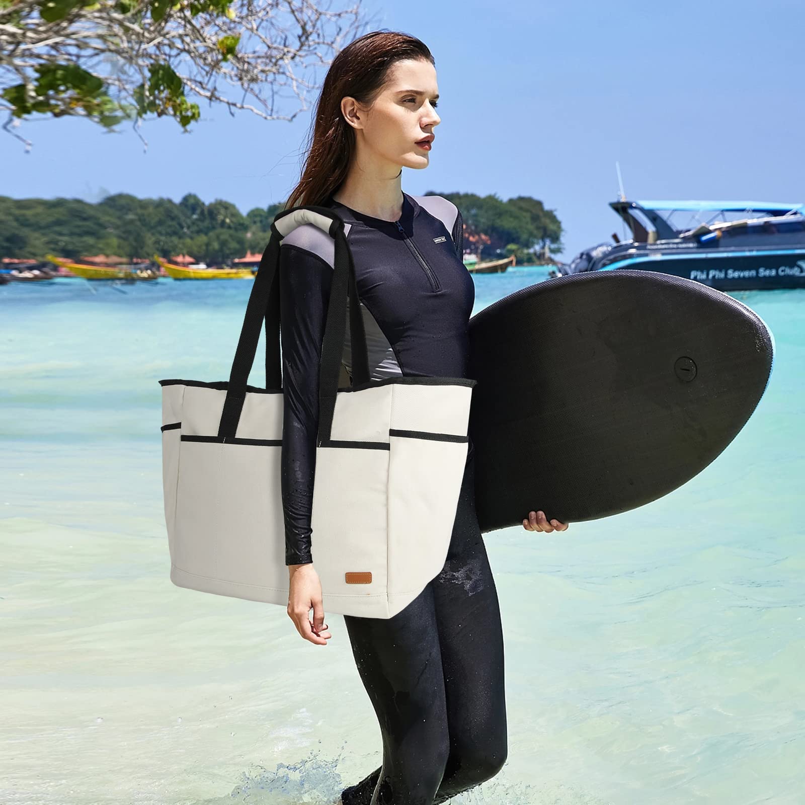 Lubardy Sac de Plage Femme avec Multi-Poches Grande Capacité Sac de Plage XXL Extra Large Famille 30L 40L Sacs à Main Cabas pour Plage Voyages Gym Piscine Rangement Beige