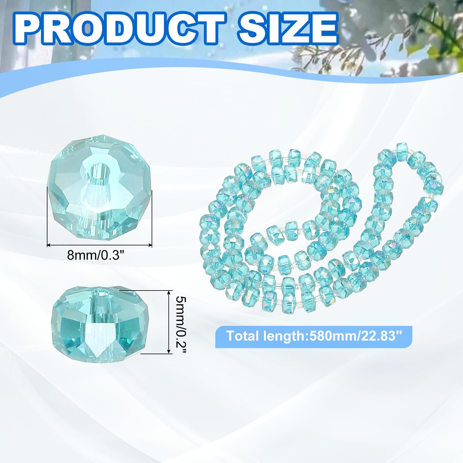 PATIKIL 75 Pcs 8mm OD 5mm Thick Lake Blue Rondelle Crystal Beads Faceted Cut Gemstone Strand with Spacer Beads for Craft Bracelet - Image 2