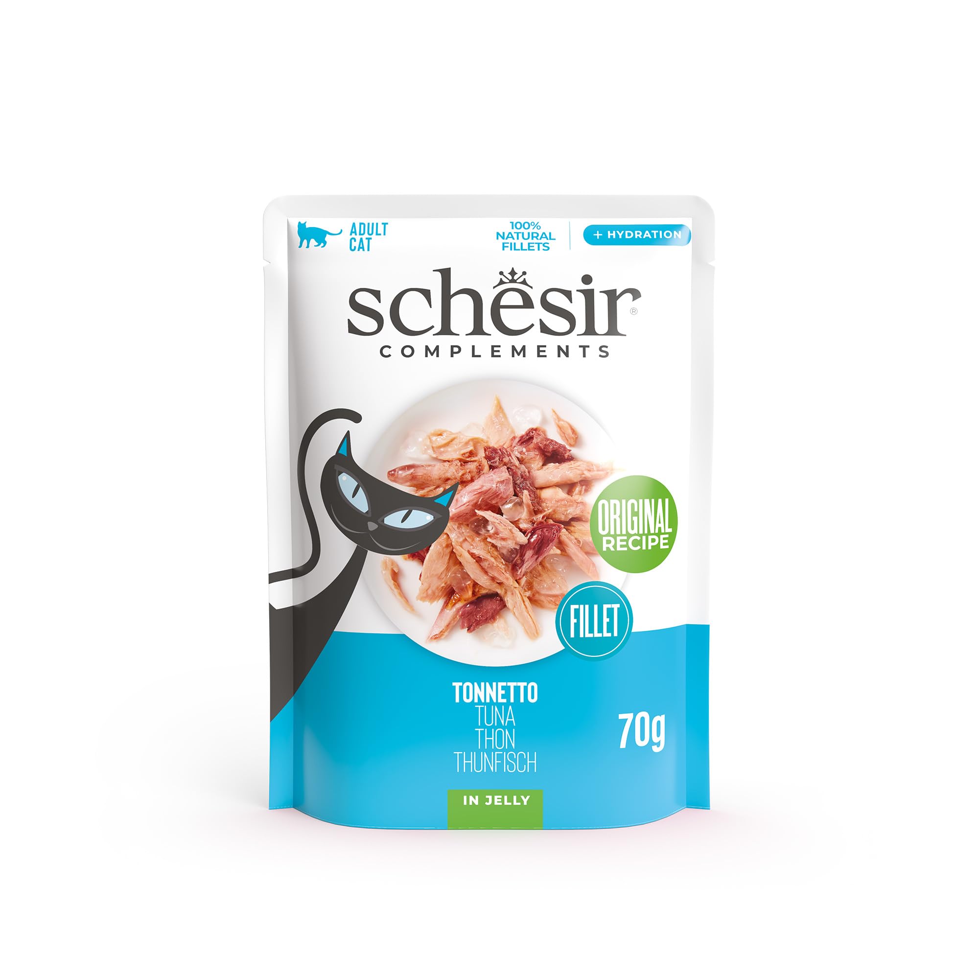 Schesir, Thunfischfilets in Gelee, ergänzendes Nassfutter für Katzen, Originalrezept, 100% natürlich, 12 Beutel à 70 g