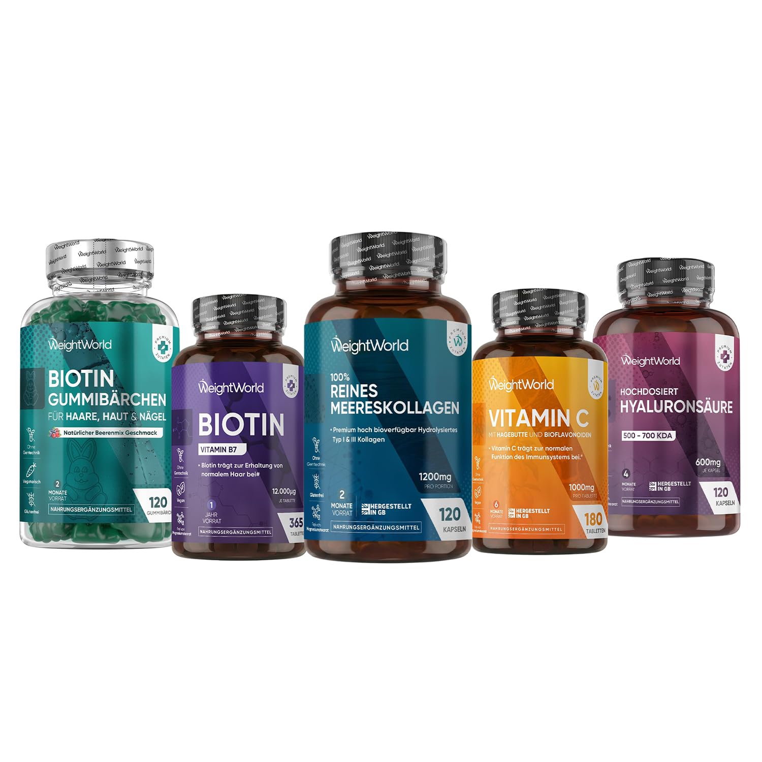WeightWorld Wellness-Set für Frauen (5er-Pack) - Kollagen Kapseln + Hyaluron Kapseln + Vitamin C Tablette + Biotin Tabletten + Biotin Gummibärchen - Hergestellt gemäß den GMP-Standards