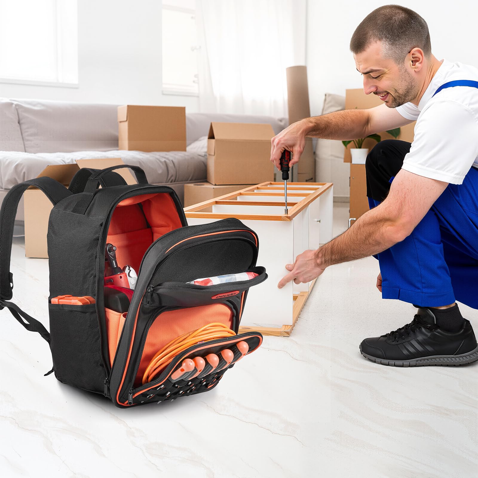 VEVOR Zaino Portautensili, 49 Tasche, Organizzatore per Attrezzi Pesanti, Zaino da Lavoro con Scomparto per Laptop e Base in Tessuto, Borsa da Cantiere per Elettricisti, Riparatori e Tecnici HVAC