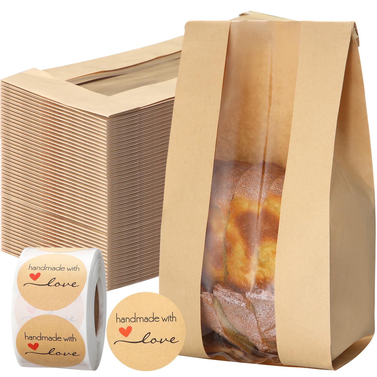 Fullhawl 250 Pcs Bakery Bags with Window and Label Seal Stickers Brown Paper Bread Packages Iron Wire Tie Tab Lock Candy Cookie Kraft Paper Bags for