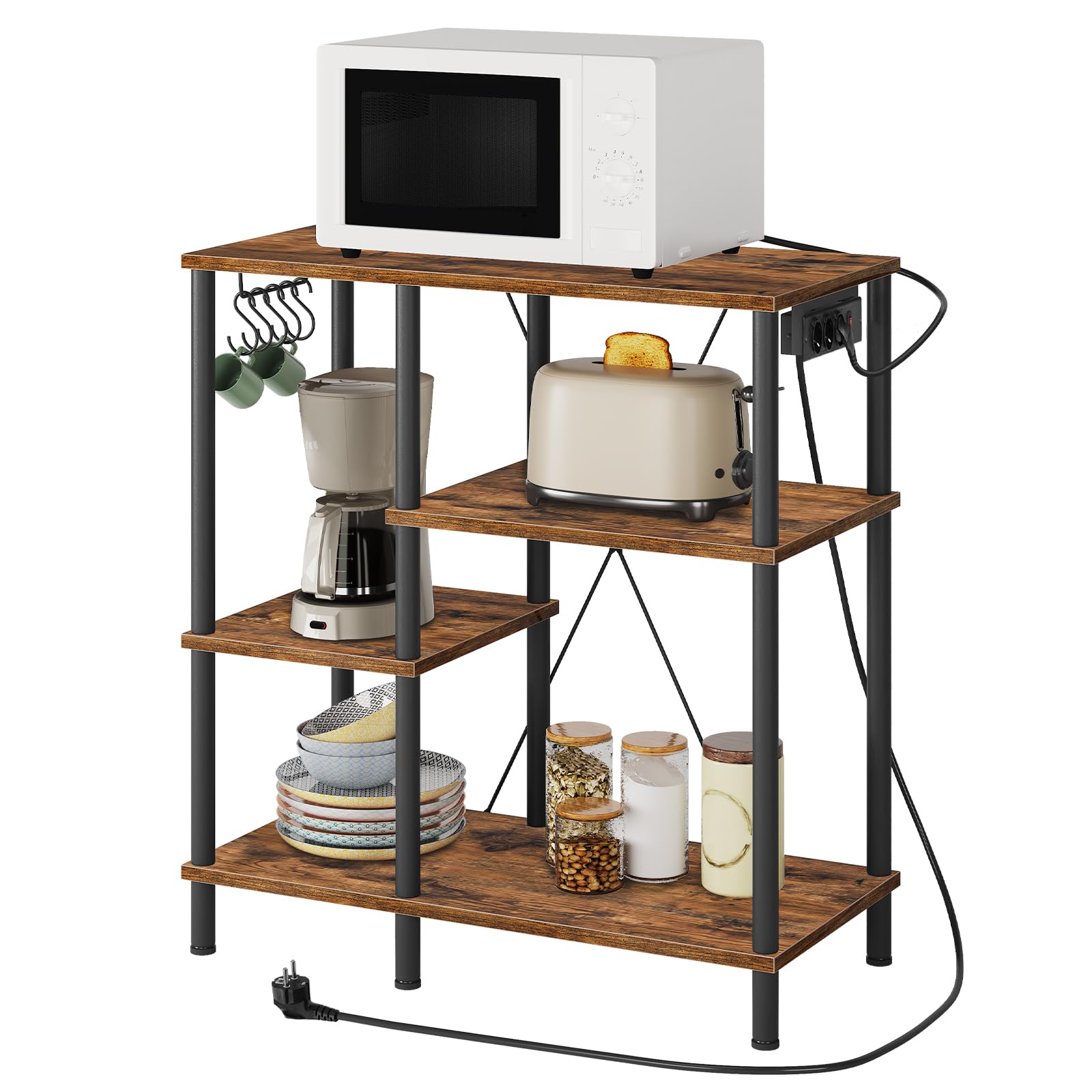 HOOBRO Küchenregal, Standregal mit Steckdosen, Bäckerregal mit 5 S-Haken, Mikrowellen-Regal, 38 x 80 x 86 cm, Vintagebraun und Schwarz EBF07CHB01