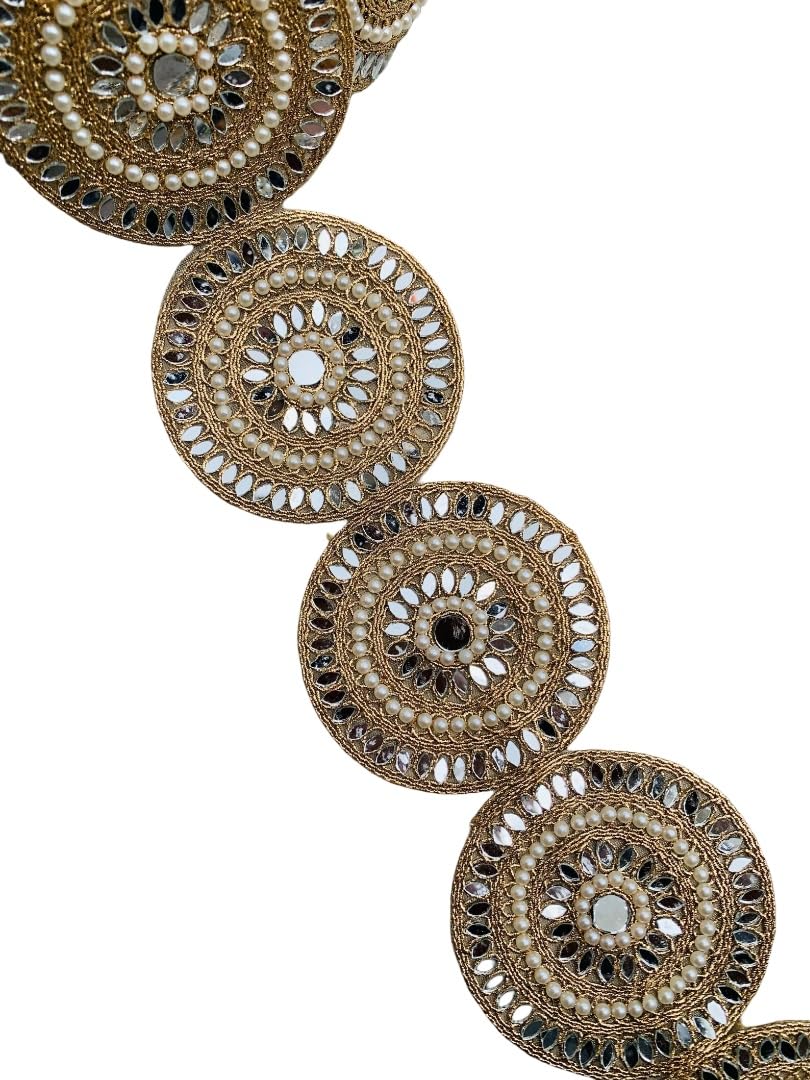 Passamaneria in pizzo smerlato dorato con perle – Bordo decorativo per sari, abiti, tende, artigianato fai da te – Bordo con paillettes con perline fatto a mano – Disponibile in 1, 3, 6