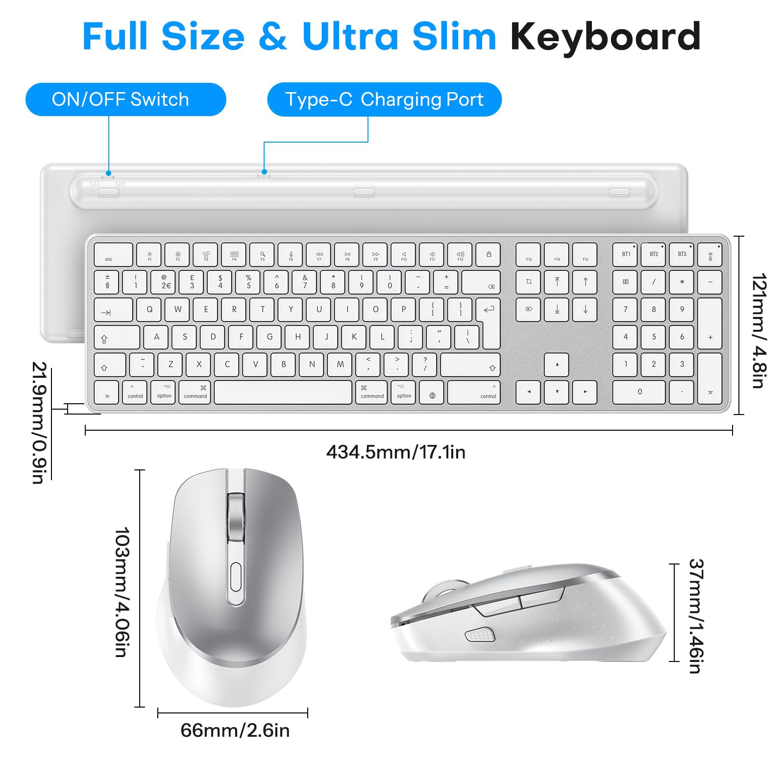 OMOTON inalámbrico Bluetooth Teclado y ratón para Mac (MacBook Air/MacBook Pro/iMac/iMac Pro),Teclado y ratón USB Recargables para Mac OS, con 3 Canales Bluetooth, Escritura silenciosa, Plateado