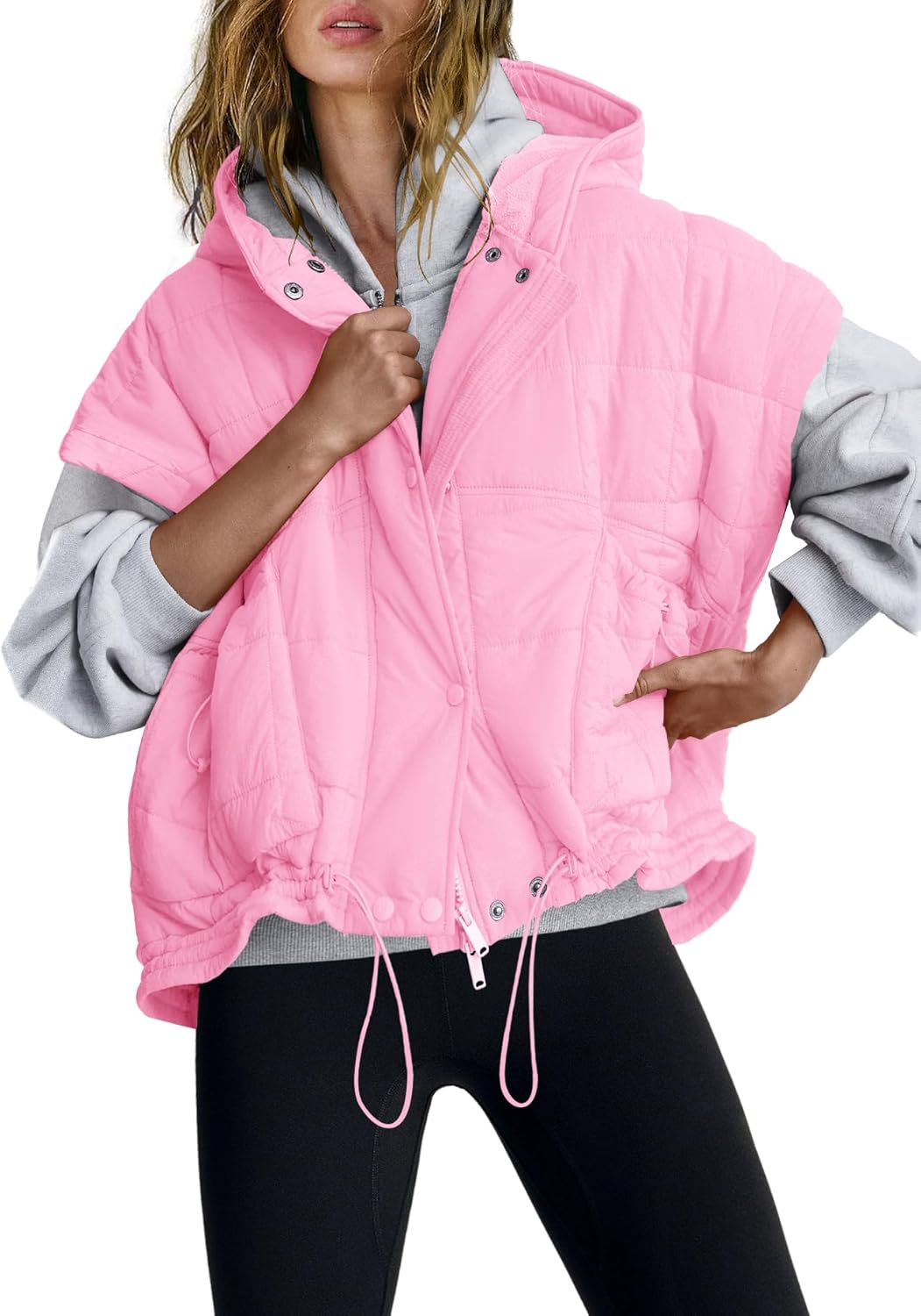 Panadila Womens Puffer Vest Oversized Sleeveless Quilted Jacket Zip Up Shacket with Hood Fall Winter Poncho Tops